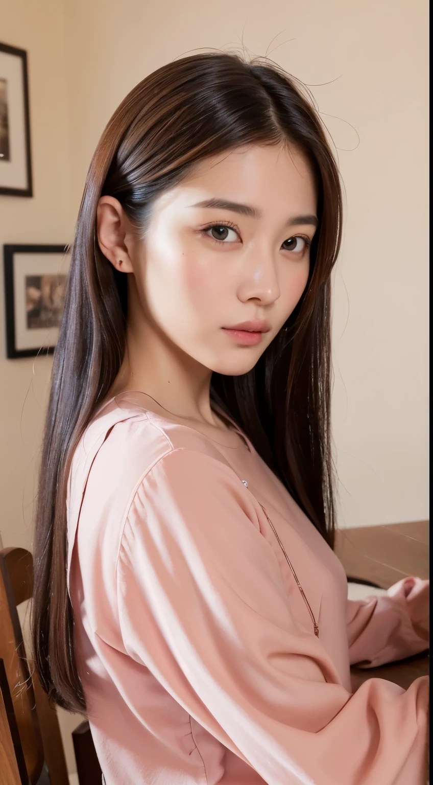 ((top quality, 8K, table top: 1.3)), beauty, 1 Japan girls, big: 1.3, dark brown hair, (spread legs: 1.2), detailed face, highly detailed lips, fine eyes, double eyelid, Pink shirt, sweaty skin: 1.2