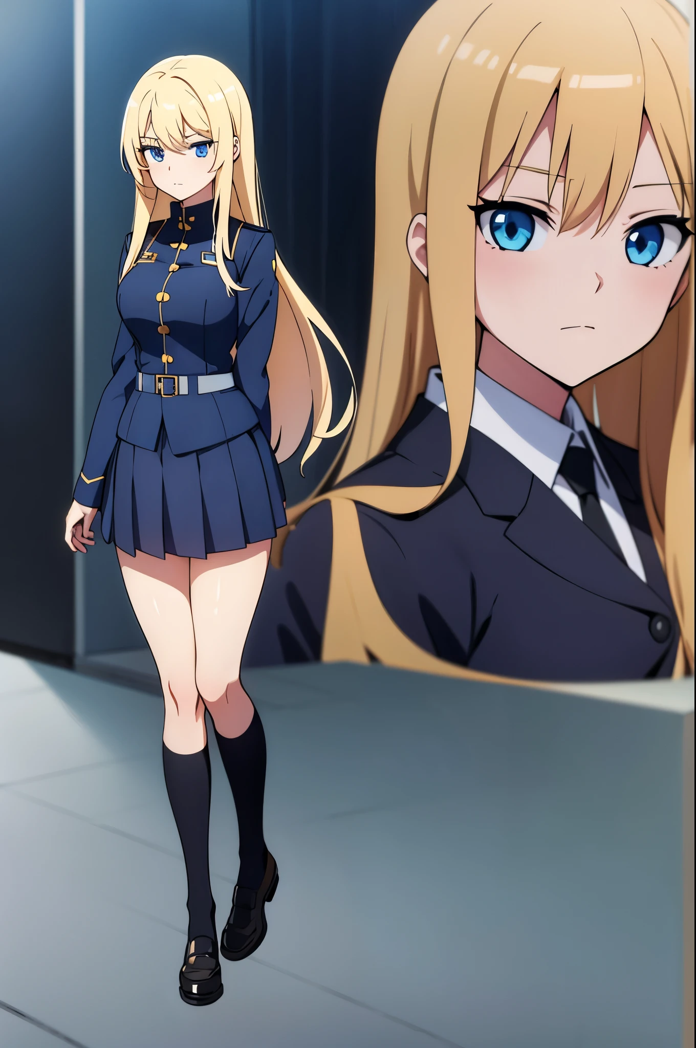 1 girl anime version blonde cute and tender blue eyes dressed as a student with a black uniform with a determined look normal posture from the front long hair full body