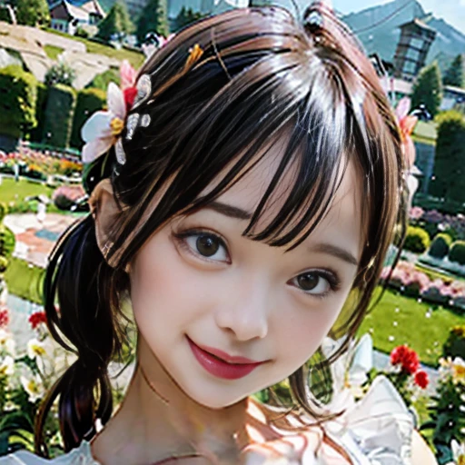1 girl, 10 talents, black hair, dynamic angle, Photorealistic backgrounds, cloud and mountain, (flower garden:1.4) In the foreground, white dress, light trace, (floating colorful wind:1) (realistic:1.4), unity 8k wallpaper, Super detailed, beautiful and aesthetic, masterpiece,highest quality, glowing skin, shining hair, cinematic lighting, light smile, detailed beautiful face, Beautiful style from the chest up