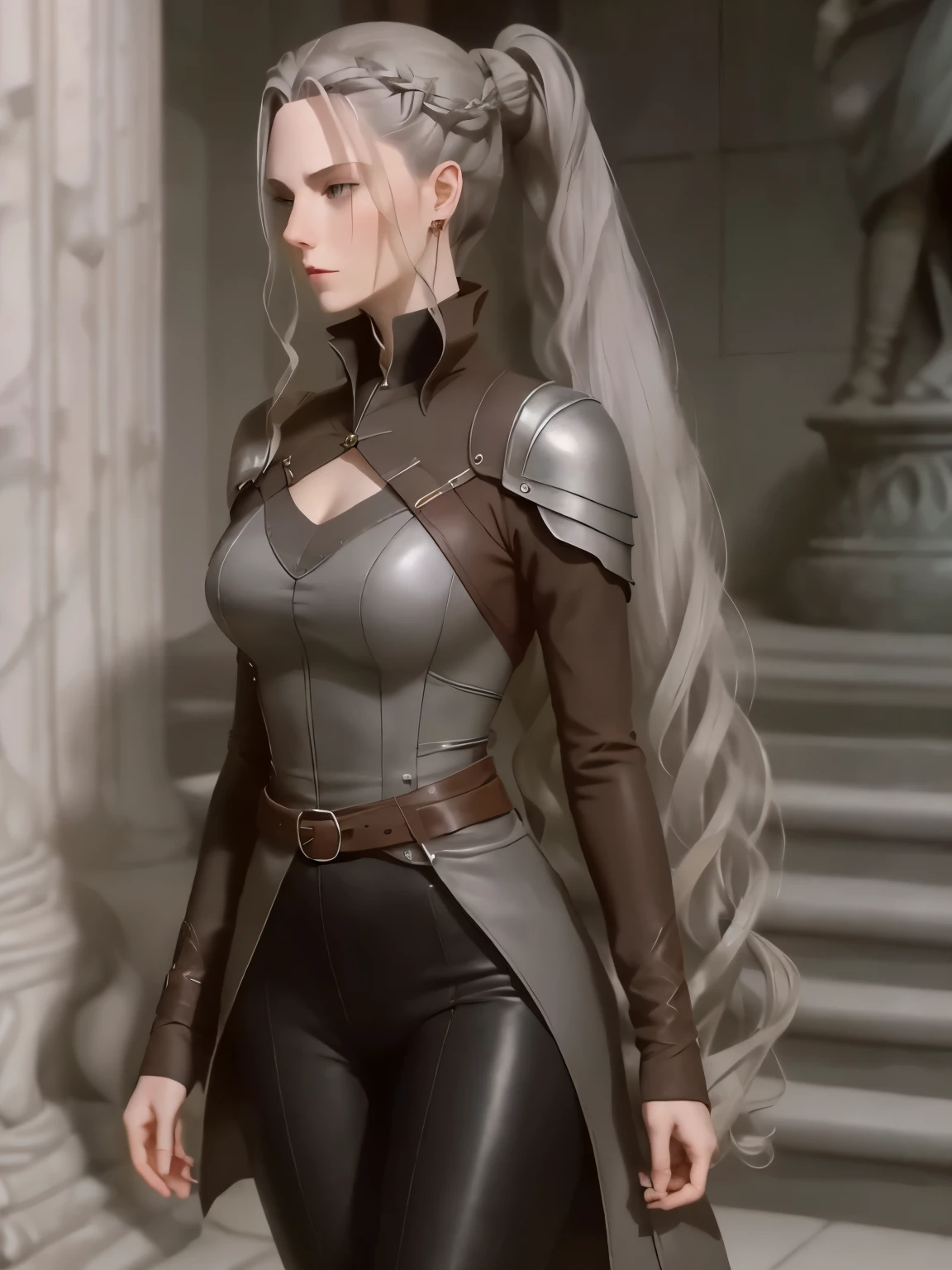 Cassandra is a tall young woman with pale skin., gray eyes and white wavy hair with gray streaks, braided into a high ponytail with many small braids. Two strands of hair and asymmetrical bangs go down the sides of the face.
Wearing a taupe shirt, black leather gloves, dark brown belt, on which she carries a purse and dagger, dark brown-red striped leggings and brown boots.