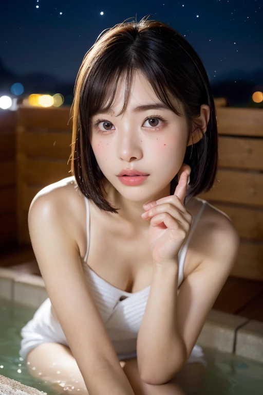 (night:1.7), east asian architecture, 1 female,Sitting on tatami mats, brunette colored hair，（eyeの間の毛）, lip flap,  (************:1.3),(beautiful shiny straight short long:1.3),beautiful fingers,beautiful long legs,beauty body，cute nose，beautiful character design，完璧なeye，完璧なface，looking at the viewer，（innocent_big_eye：1.0），（light_笑face：0.3），official art，Highly detailed CG Unity 8K wallpaper、bright_front_face_lit，（master piece:1.0),(Highest_quality:1.0), Super high resolution,4K,super detailed, photo shoot, 8K, nffsw, High resolution, absurd:1.2, kodak portrait 400, film grain,  lens flare glow,  (beautiful_face:1.5),8K,RAW photo, 、Relax at a hot spring ryokan in Japan、(The subject is the first hot spring trip with a girl:1.3) (Draw a wider open-air bath:1.2) (girls are not the subject:1.3) The rooms in the inn are cluttered　(Girl Standing On Balcony:1.3) (hair after bath:1.3),((Naked with a small handkerchief towel beside him:1.3)) ,(hair is wet:1.3),((beautifully depicts depth and width:1.3)),((The open-air bath is surrounded by a Japanese garden and large rocks., With just two small lights.:1.3)),((You can see a beautiful starry sky:1.3))(girls are not the subject:1.3),(transparent underwear）((white soft skin:1.3))((We don't need a starry Milky Way galaxy:1.3))