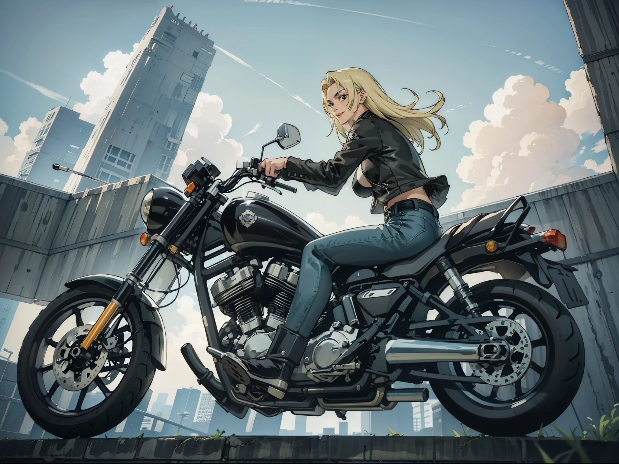 (masterpiece, best quality:1.2), Jujutsu kaisen style, YukiTsukumo, (1girl, solo), 30years old, full body, (blonde long hair, hair intakes), brown eyes, (black leather jacket, riders jacket), (from side, looking at viewer), (smile:1.2), (ripped jeans, belt), BREAK (driving motorcycle on the city, American motorbike, Harley-Davidson)