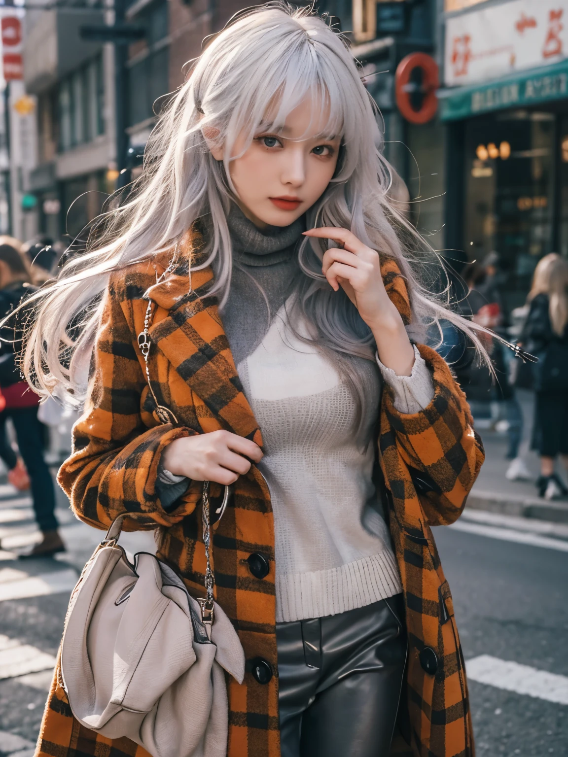 wearing Fashionable red checkered long coat, Bewitching eyes, well-balanced eyes, //street snap //fashion model posing, ((facing viewer)), //at the street, //japanese lady, pale skin, //silver hair, short hair //((standing)), high quality:1.3, Professional lighting:2.0 realistic:1.2, 4k resolution, detailed skin, masterpiece:1.1, big breasts,