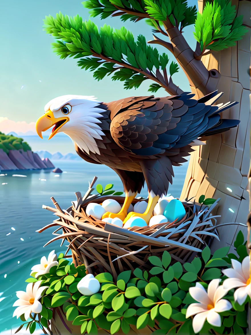 Pixar animation style, Cliffs by the sea，Cute bald eagle，((Sophisticated and beautiful nest:1.5))，branches，green leaves，Colorful flowers and diverse plants, Made of marshmallow material, c4d, 8k, HD quality 