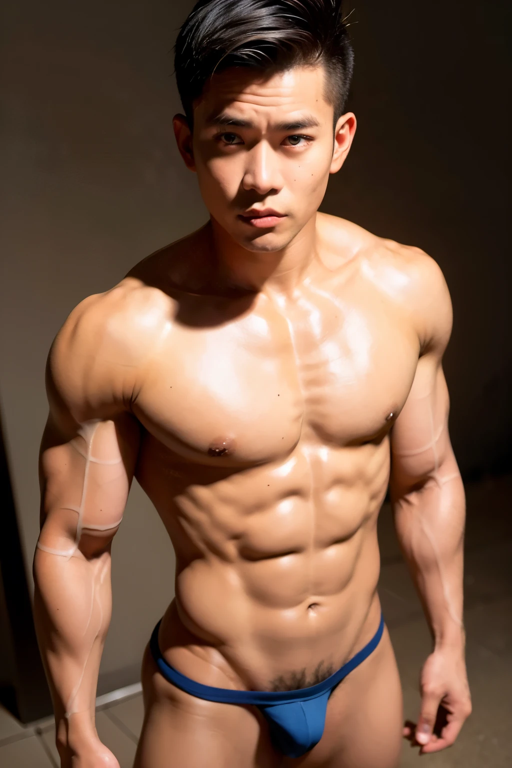 Myanmar Beautiful Nude Man: Full Body, Sweat-Kissed Skin, Low Fade Hair Style, Attractive Man Face, Muscular Body, Bright Skin, 8k Image, Realistic Art IA, Wallpaper, 4k and 8k Arte, Detailed Drawing, 4k and 8k Color Enhancement, 100% Qualify Restoration, 100% Super Restoration, Cool-Toned Color Grading, High-Angle Shot, Shallow Depth of Field, Bold and Defined Muscles.
A man hailing from Myanmar is captured in a full-body image,