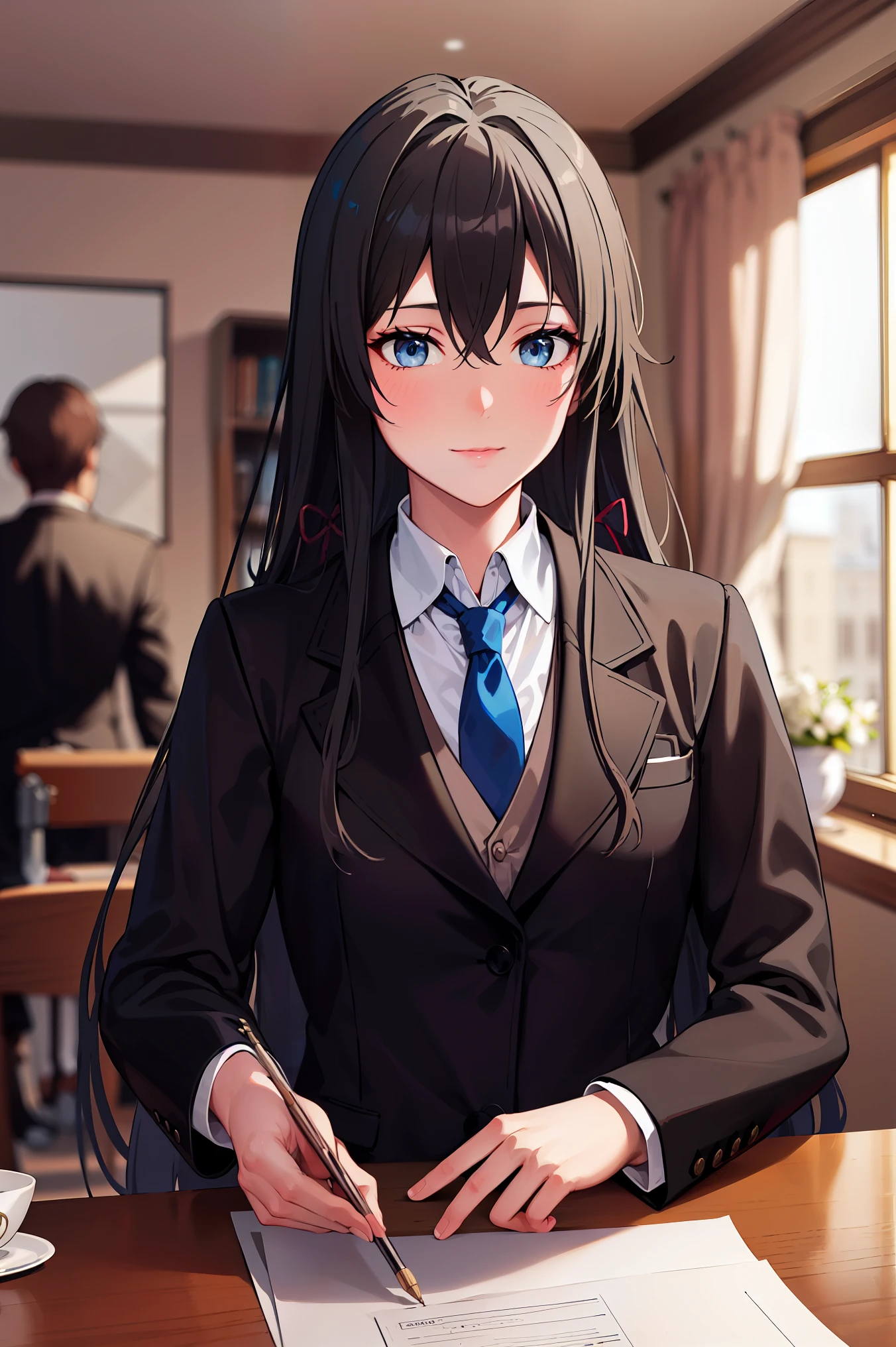 masterpiece, best quality, highres, ,l,((best quality)), ((masterpiece)), (detailed) 1girl, ;\), blurry, blurry_background, breasts, , hair_long looking_at_viewer, ok_sign, open_hand, Yukinoshita Yukino ,Woman wearing formal clothes, An attractive coat sitting on chair in the room , 1girl, 独奏, blue necktie, Black hair, eyes blue, long hair, smile , collared shirt, white pants, white shirt , Elegantly designed coat , Stand in front of a window ,Perfectly tailored tailcoat. It has a stunning Victorian design and is made of lustrous fabric , full body ,tailcoat butler suit, elegant pose, serene expression, flowing long hair, soft lighting, pastel color palette, detailed lace and embroidery, realistic portrait, fine brushwork, delicate facial features, captivating eyes, graceful gestures, refined atmosphere, vintage decor, polished silverware, elaborate floral arrangement, polished marble floors