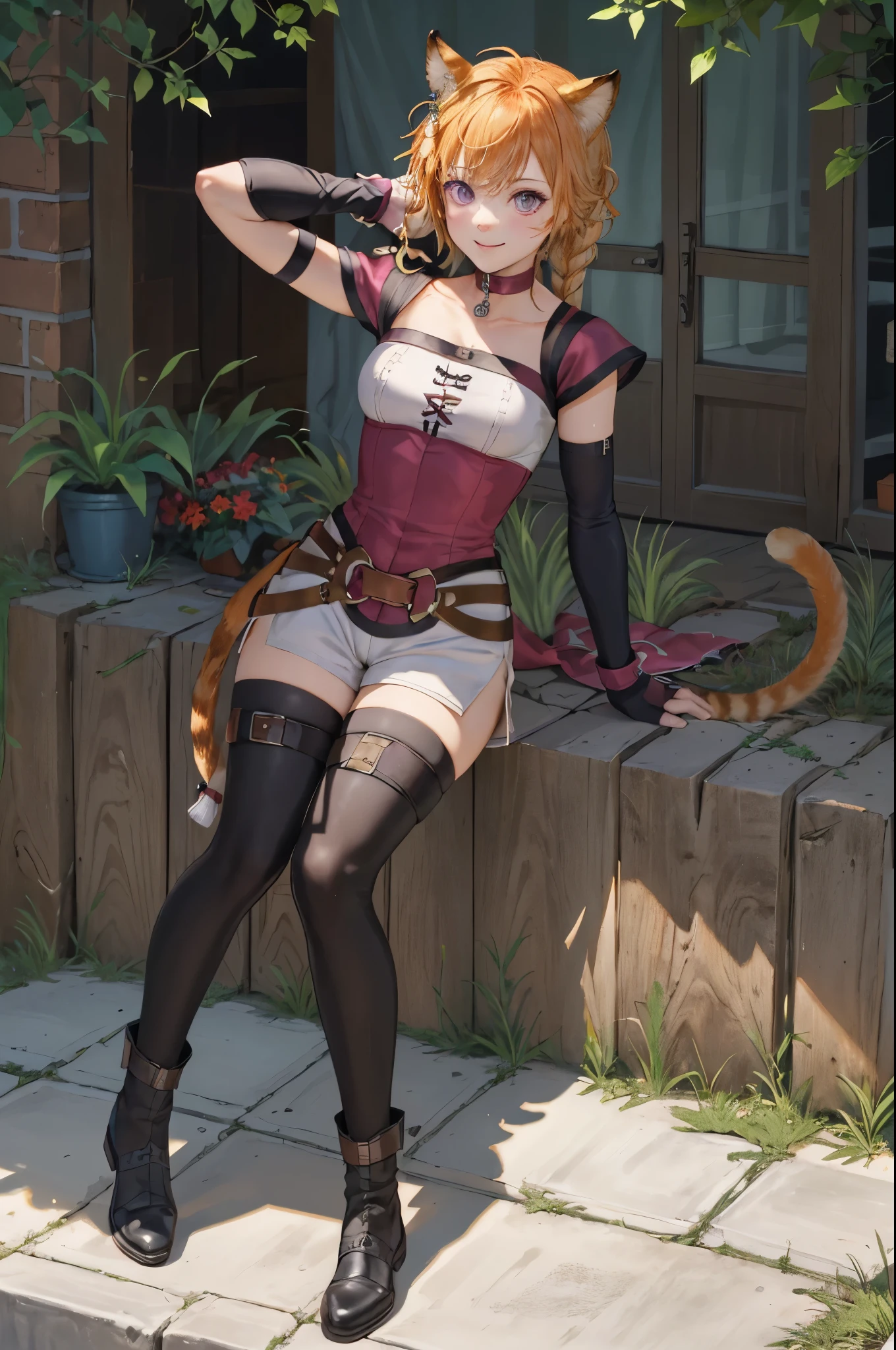 masterpiece,best quality,  def_lyre,white shorts,  single braid, facial mark,side slit shorts, cat tail, gloves, brown belt, black thighhighs, fingerless gloves, short sleeves, smile, looking at viewer, pink gloves,detached sleeves, collarbone, shirt, black sleeves, belt buckle, ankle boots, choker, (masterpiece, best quality, ultra-detailed, best shadow)