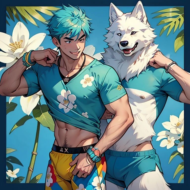 NSFW: A samoyed in boxers with a playful grin, sports a cyan t-shirt adorned with vibrant flower prints. Its brows convey a mischievous and assertive expression as it wears a band of blue around its neck – a stylish bracelet that complements its canine charm. This suggestive scene invites further imagination.