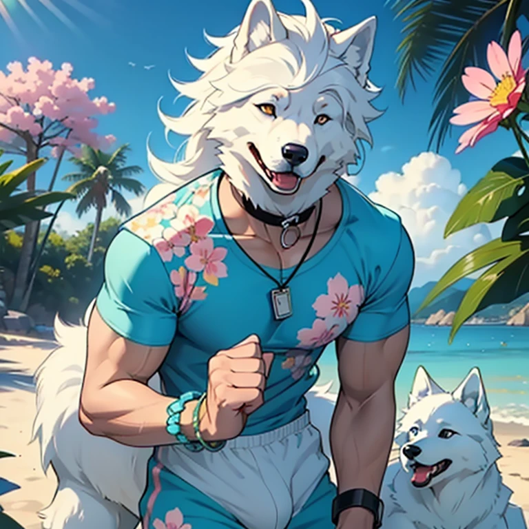 NSFW: A samoyed in boxers with a playful grin, sports a cyan t-shirt adorned with vibrant flower prints. Its brows convey a mischievous and assertive expression as it wears a band of blue around its neck – a stylish bracelet that complements its canine charm. This suggestive scene invites further imagination.