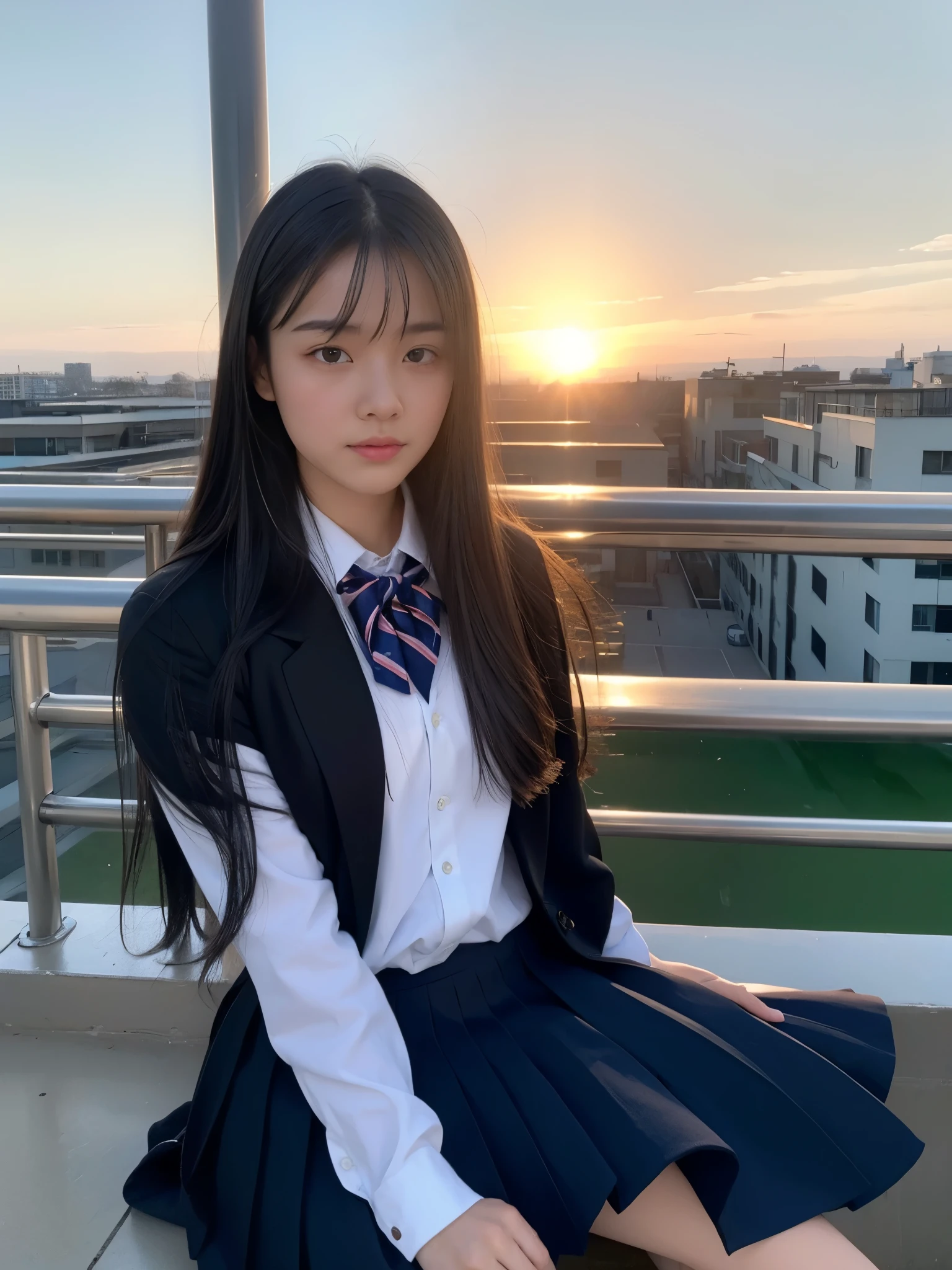 (masterpiece、High level image quality、high quality、16k),japanese girl,18-year-old,Idol,Cool beautiful face,small face,Distract your gaze, black hair,long straight hair, (from return),((looking for_return:1.05), dark blue_Schooluniform,School_room_shoes, sunset,School_rooftop,sit,stand up,model、Professional