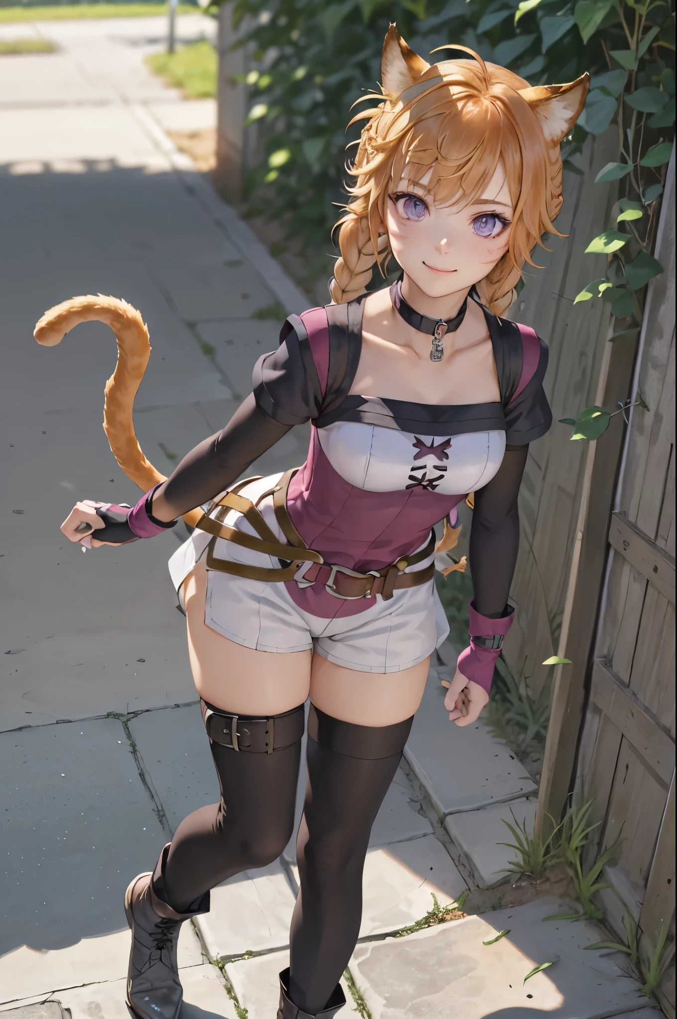 masterpiece,best quality,  def_lyre,white shorts,  single braid, facial mark,side slit shorts, cat tail, gloves, brown belt, black thighhighs, fingerless gloves, short sleeves, smile, looking at viewer, pink gloves,detached sleeves, collarbone, shirt, black sleeves, belt buckle, ankle boots, choker, (masterpiece, best quality, ultra-detailed, best shadow)