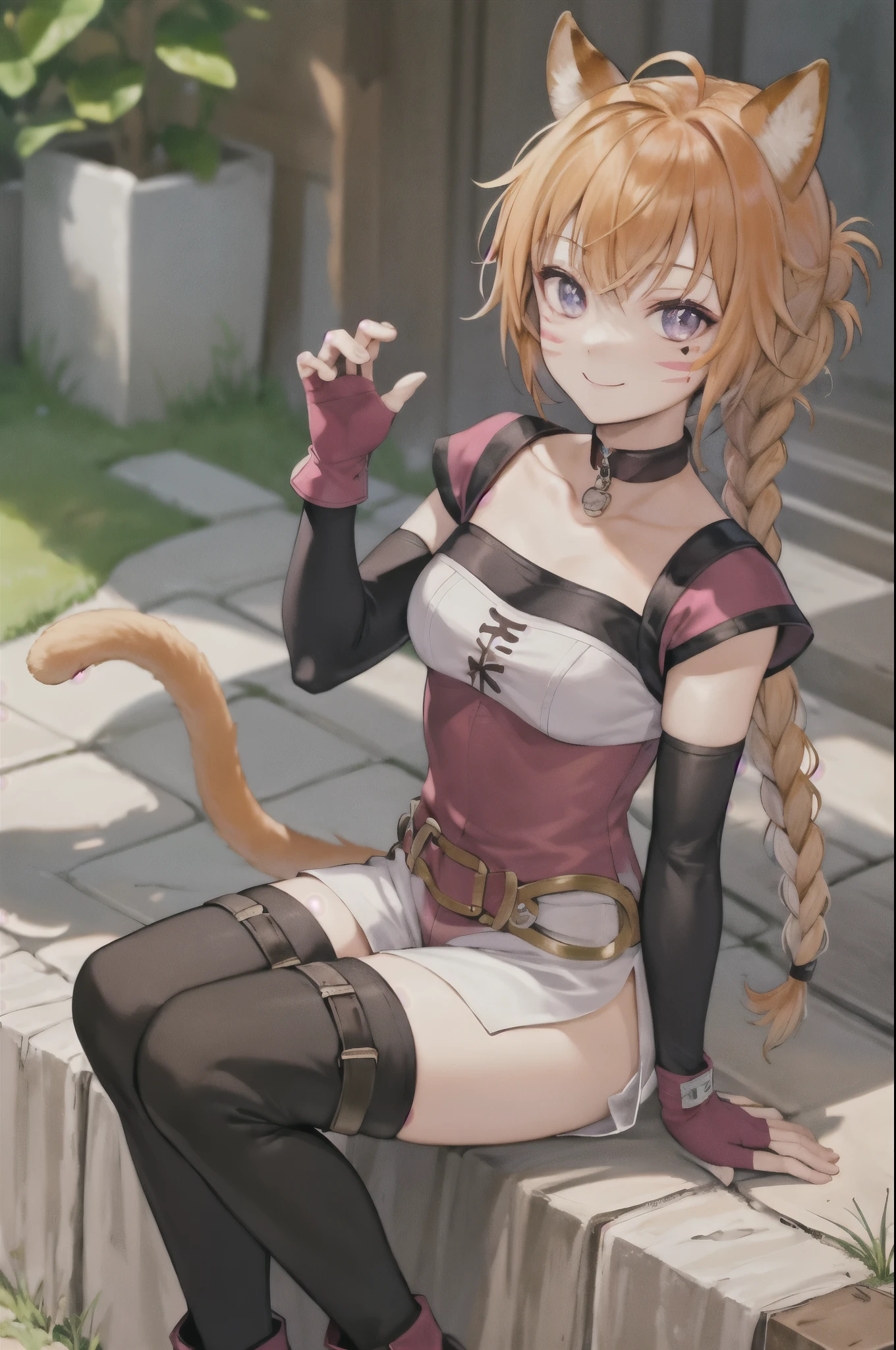 masterpiece,best quality,  def_lyre,white shorts,  single braid, facial mark,side slit shorts, cat tail, gloves, brown belt, black thighhighs, fingerless gloves, short sleeves, smile, looking at viewer, pink gloves,detached sleeves, collarbone, shirt, black sleeves, belt buckle, ankle boots, choker, (masterpiece, best quality, ultra-detailed, best shadow)