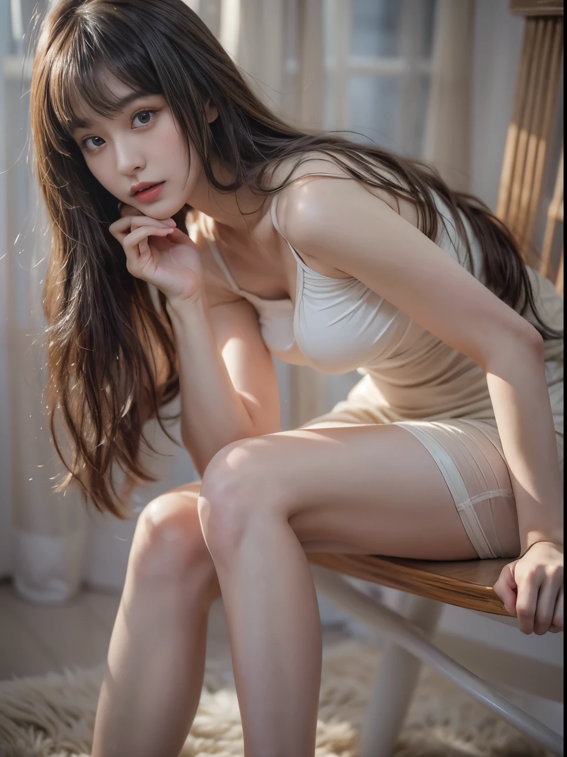 masterpiece、8K、32K、highest quality、(Detailed both eyes)、(cute japanese woman、bangs:1.3)、23 years old、1 girl、elegant、black hair、(oraloid photo:1.4)、(huge tits:1.2)、Sexy Gravure、Sit here