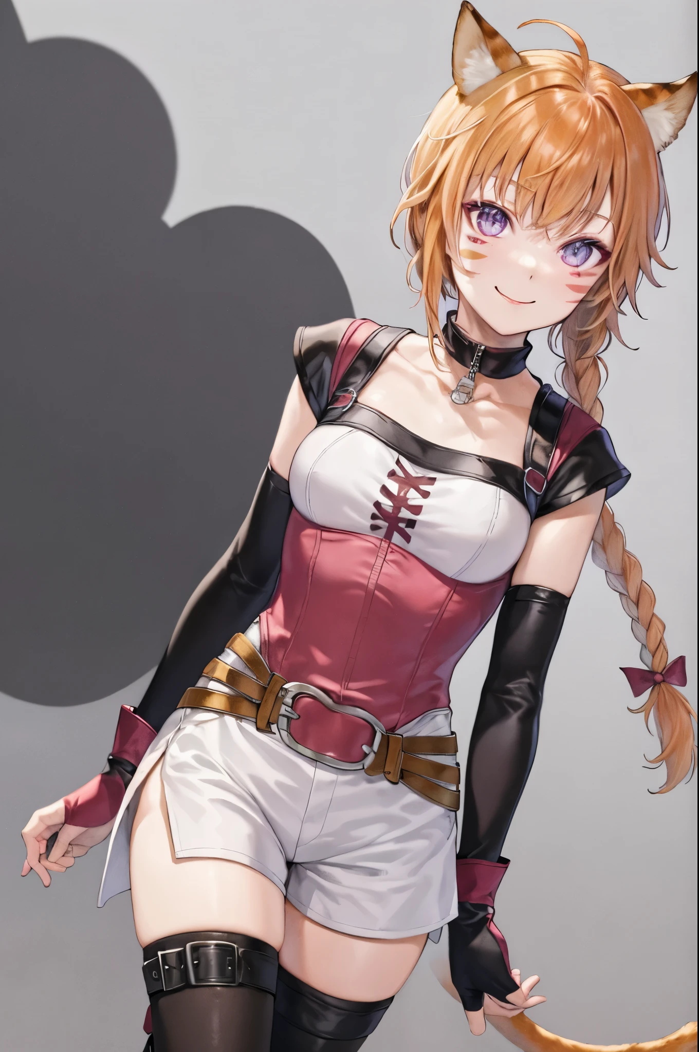 masterpiece,best quality,  def_lyre,white shorts,  single braid, facial mark,side slit shorts, cat tail, gloves, brown belt, black thighhighs, fingerless gloves, short sleeves, smile, looking at viewer, pink gloves,detached sleeves, collarbone, shirt, black sleeves, belt buckle, ankle boots, choker, (masterpiece, best quality, ultra-detailed, best shadow)