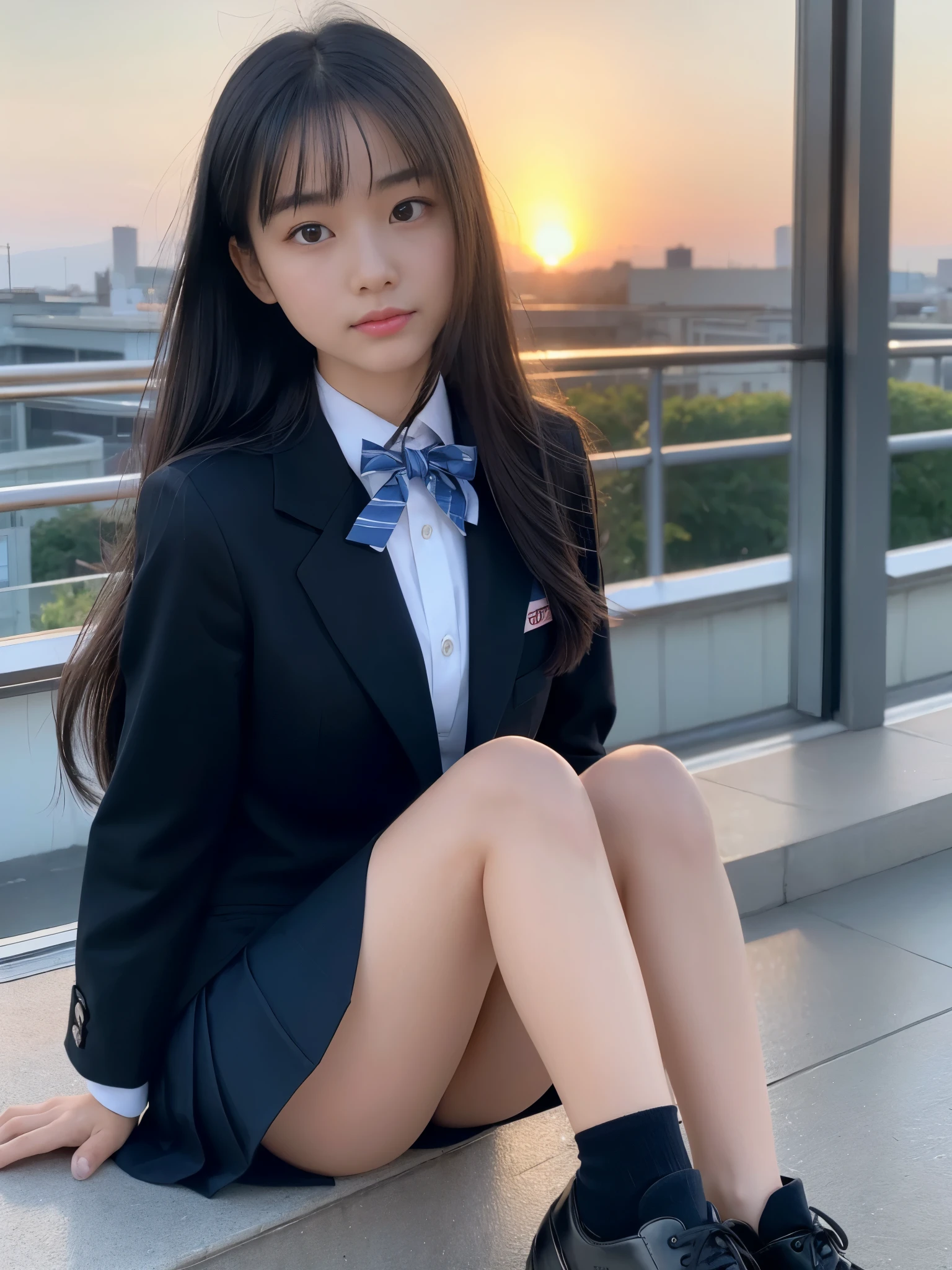 (masterpiece、High level image quality、high quality、16k),japanese girl,18-year-old,Idol,Cool beautiful face,small face,Distract your gaze, black hair,long straight hair, (from return),((looking for_return:1.05), dark blue_Schooluniform,School_room_shoes, sunset,School_rooftop,sit,stand up,model、Professional