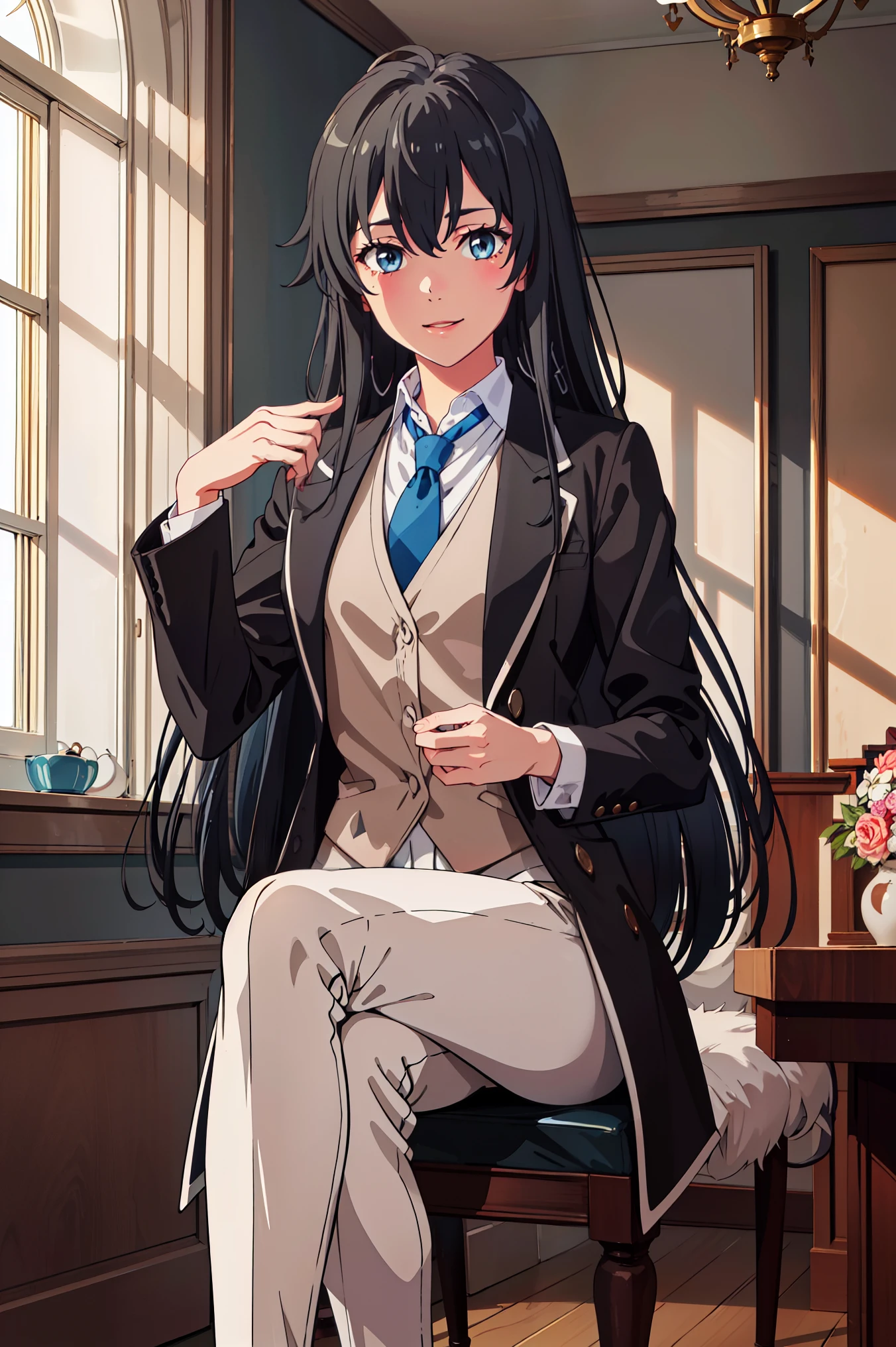 masterpiece, best quality, highres, , 1girl,((best quality)), ((masterpiece)), (detailed) 1girl 1girl, ;\), blurry, blurry_background, breasts, , hair_long looking_at_viewer, ok_sign, open_hand, Yukinoshita Yukino ,Woman wearing formal clothes, An attractive coat sitting on chair in the room , 1girl, 独奏, blue necktie, Black hair, eyes blue, long hair, smile , collared shirt, white pants, white shirt , Elegantly designed coat , Stand in front of a window ,Perfectly tailored tailcoat. It has a stunning Victorian design and is made of lustrous fabric , full body ,tailcoat butler suit, elegant pose, serene expression, flowing long hair, soft lighting, pastel color palette, detailed lace and embroidery, realistic portrait, fine brushwork, delicate facial features, captivating eyes, graceful gestures, refined atmosphere, vintage decor, polished silverware, elaborate floral arrangement, polished marble floors