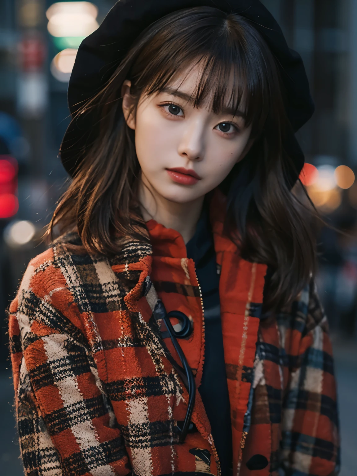 wearing red checkered long coat, Bewitching eyes, well-balanced eyes, //street snap // ((facing viewer)), //at the street, //japanese lady, pale skin, //short hair //((standing)), high quality:1.3, Professional lighting:2.0 realistic:1.2, 4k resolution, detailed skin, masterpiece:1.1, big breasts,