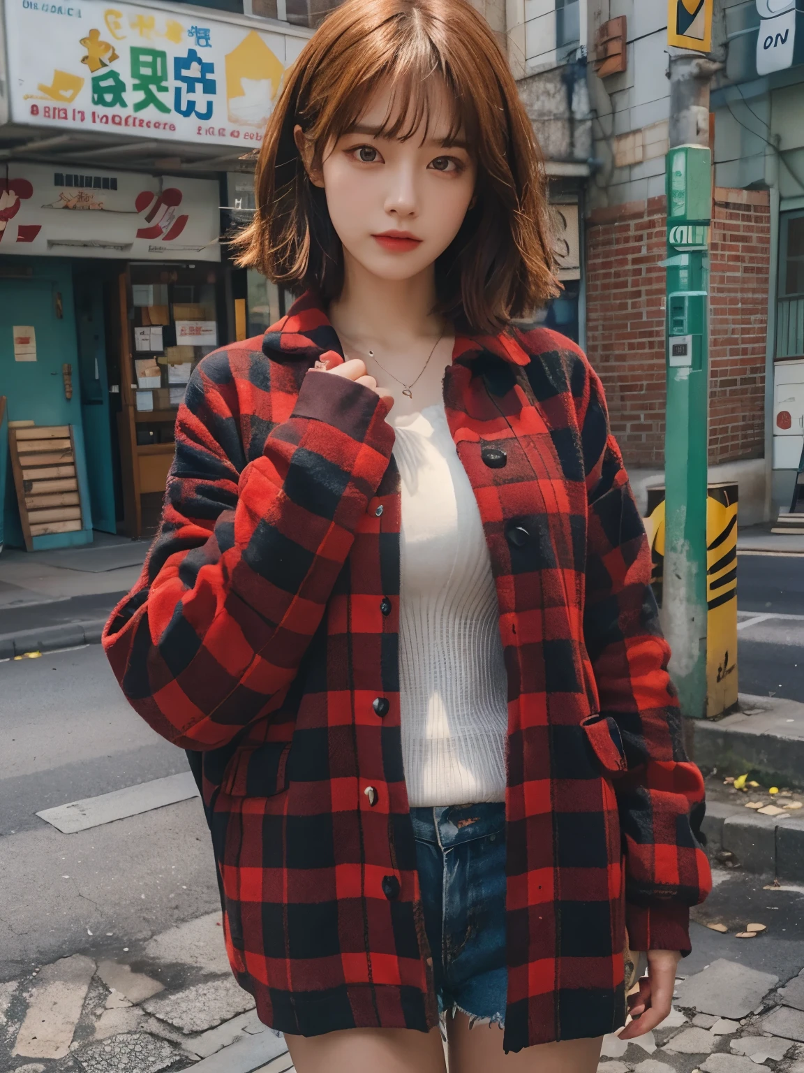 wearing red checkered long coat, Bewitching eyes, well-balanced eyes, //street snap // ((facing viewer)), //at the street, //japanese lady, pale skin, //short hair //((standing)), high quality:1.3, Professional lighting:2.0 realistic:1.2, 4k resolution, detailed skin, masterpiece:1.1, big breasts,