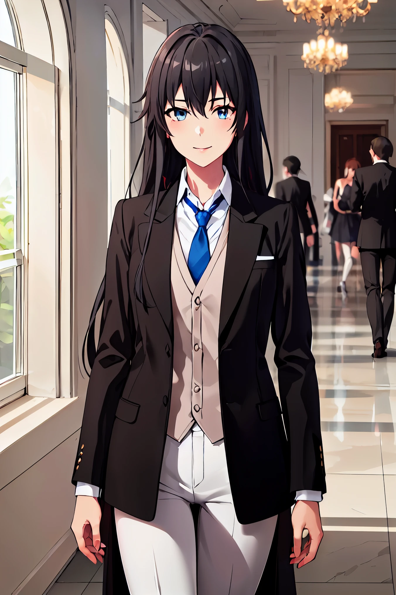 masterpiece, best quality, highres, ,l,((best quality)), ((masterpiece)), (detailed) 1girl, ;\), blurry, blurry_background, breasts, , hair_long looking_at_viewer, ok_sign, open_hand, Yukinoshita Yukino ,Woman wearing formal clothes, An attractive coat sitting on chair in the room , 1girl, 独奏, blue necktie, Black hair, eyes blue, long hair, smile , collared shirt, white pants, white shirt , Elegantly designed coat , Stand in front of a window ,Perfectly tailored tailcoat. It has a stunning Victorian design and is made of lustrous fabric , full body ,tailcoat butler suit, elegant pose, serene expression, flowing long hair, soft lighting, pastel color palette, detailed lace and embroidery, realistic portrait, fine brushwork, delicate facial features, captivating eyes, graceful gestures, refined atmosphere, vintage decor, polished silverware, elaborate floral arrangement, polished marble floors