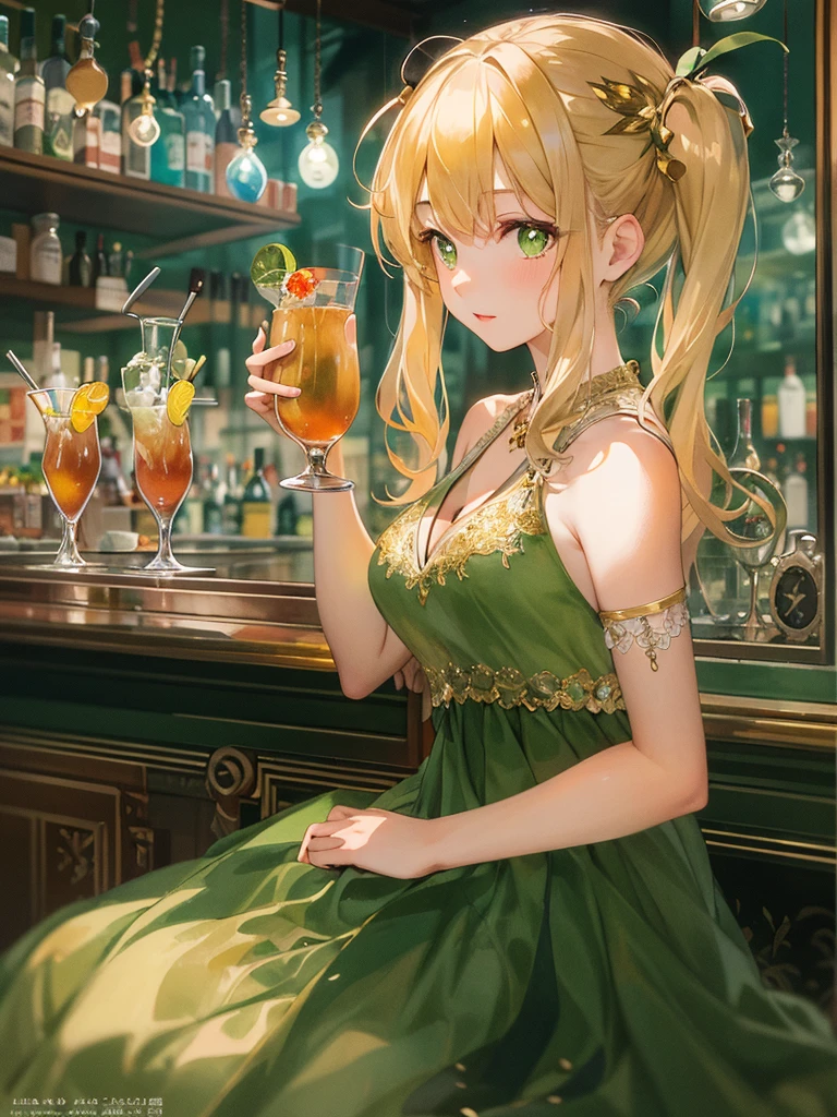 masterpiece,highest quality,An illustration,
Teenage girl,Black twin tails,bangs bangs,golden hair ornament,Green pupils,
natural makeup,Green dress,Clavicle protrusion,cleavage,See-through belly,
long skirt,Evening Party Venue,Chatting,Have a cocktail glass