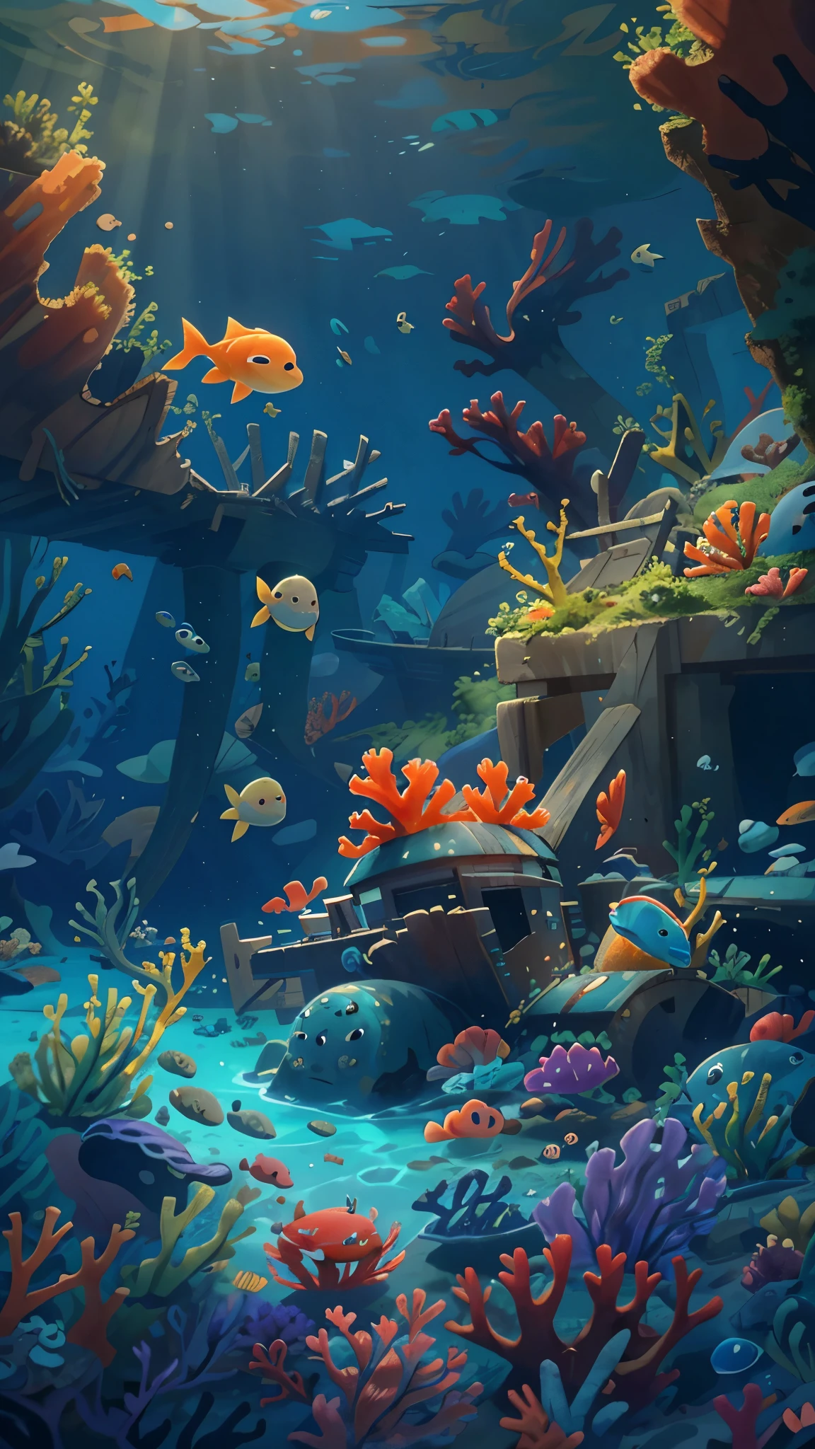 Undersea scene,dappled sunshine,Cool colors,shipwreck,coral,marine life,Pixar style, best quality, masterpiece,Ultra-detailed,Deep,Pixar, depth of field, panorama, super detail, highres,