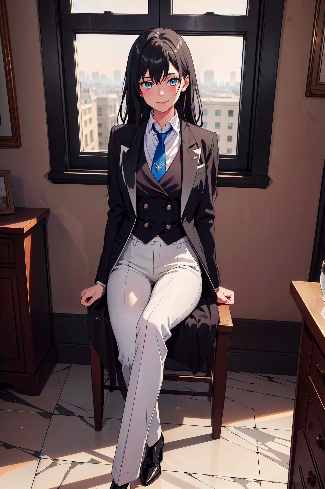 masterpiece, best quality, highres, , 1girl,((best quality)), ((masterpiece)), (detailed) 1girl 1girl, ;\), blurry, blurry_background, breasts, , hair_long looking_at_viewer, ok_sign, open_hand, Yukinoshita Yukino ,Woman wearing formal clothes, An attractive coat sitting on chair in the room , 1girl, 独奏, blue necktie, Black hair, eyes blue, long hair, smile , collared shirt, white pants, white shirt , Elegantly designed coat , Stand in front of a window ,Perfectly tailored tailcoat. It has a stunning Victorian design and is made of lustrous fabric , full body ,tailcoat butler suit, elegant pose, serene expression, flowing long hair, soft lighting, pastel color palette, detailed lace and embroidery, realistic portrait, fine brushwork, delicate facial features, captivating eyes, graceful gestures, refined atmosphere, vintage decor, polished silverware, elaborate floral arrangement, polished marble floors