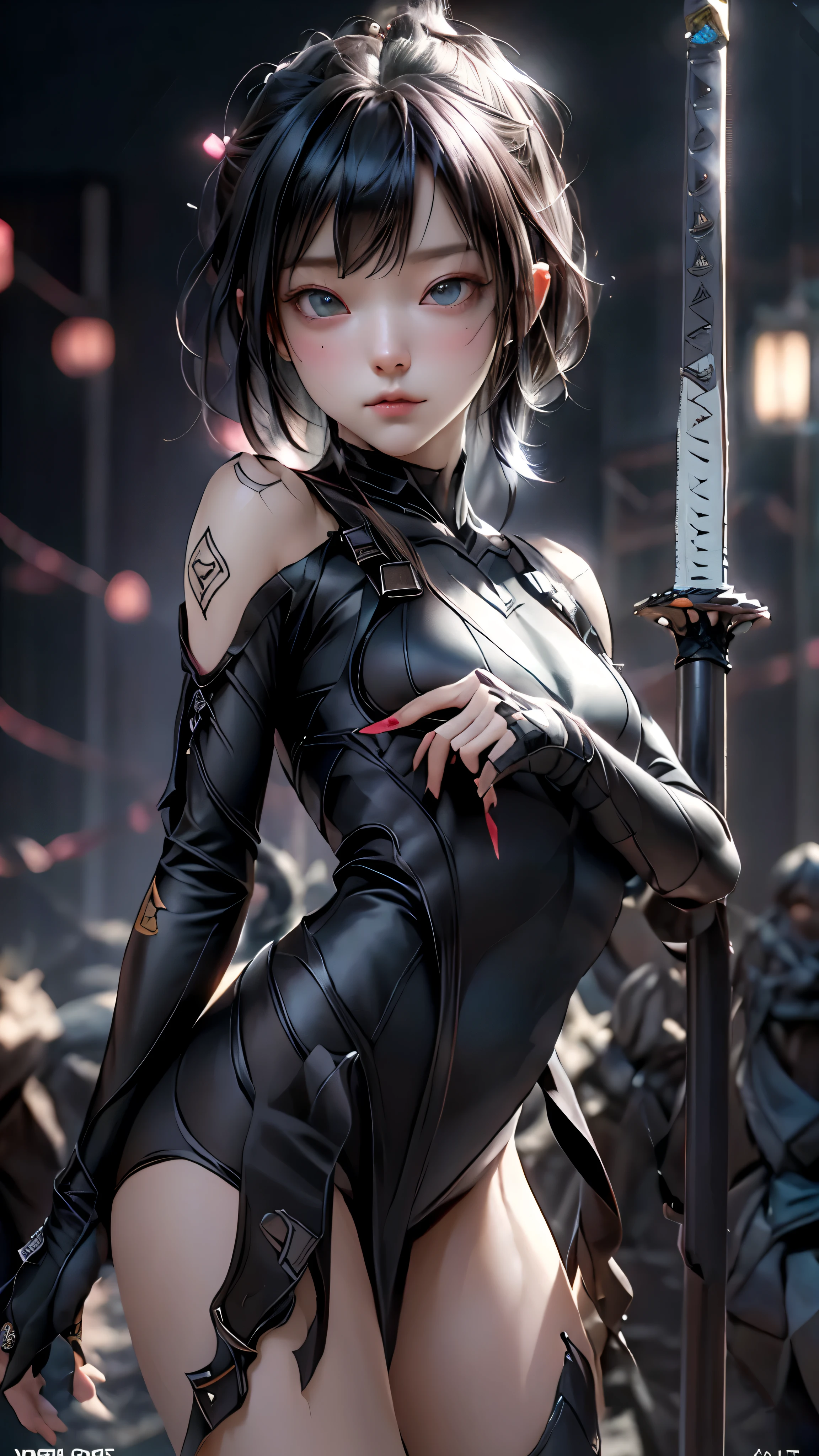 ((highest quality)), ((masterpiece)), (be familiar with:1.4), 。.。.。.3D, beautiful cyberpunk woman image,nffsw(high dynamic range),ray tracing,NVIDIA RTX,super resolution,unreal 5,scattered below the surface,PBR texturing,Post-processing,anisotropic filtering,written boundary depth,maximum clarity and sharpness,multilayer texture,Albedo and specular maps,surface shading,Accurate simulation of light-matter interactions,perfect proportions,octane rendering,two-tone lighting,wide aperture,Low ISO、White balance、Rule of thirds、8,000 students、((Holding a sword in your hand))