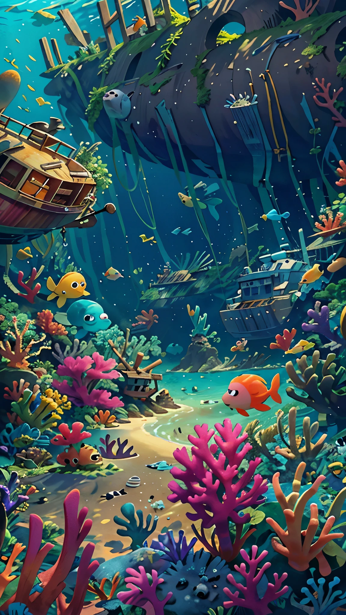 Undersea scene，dappled sunshine，Cool colors，shipwreck，coral，marine life，Pixar style, best quality, masterpiece，Ultra-detailed，Deep，Pixar, depth of field, panorama, super detail, highres，