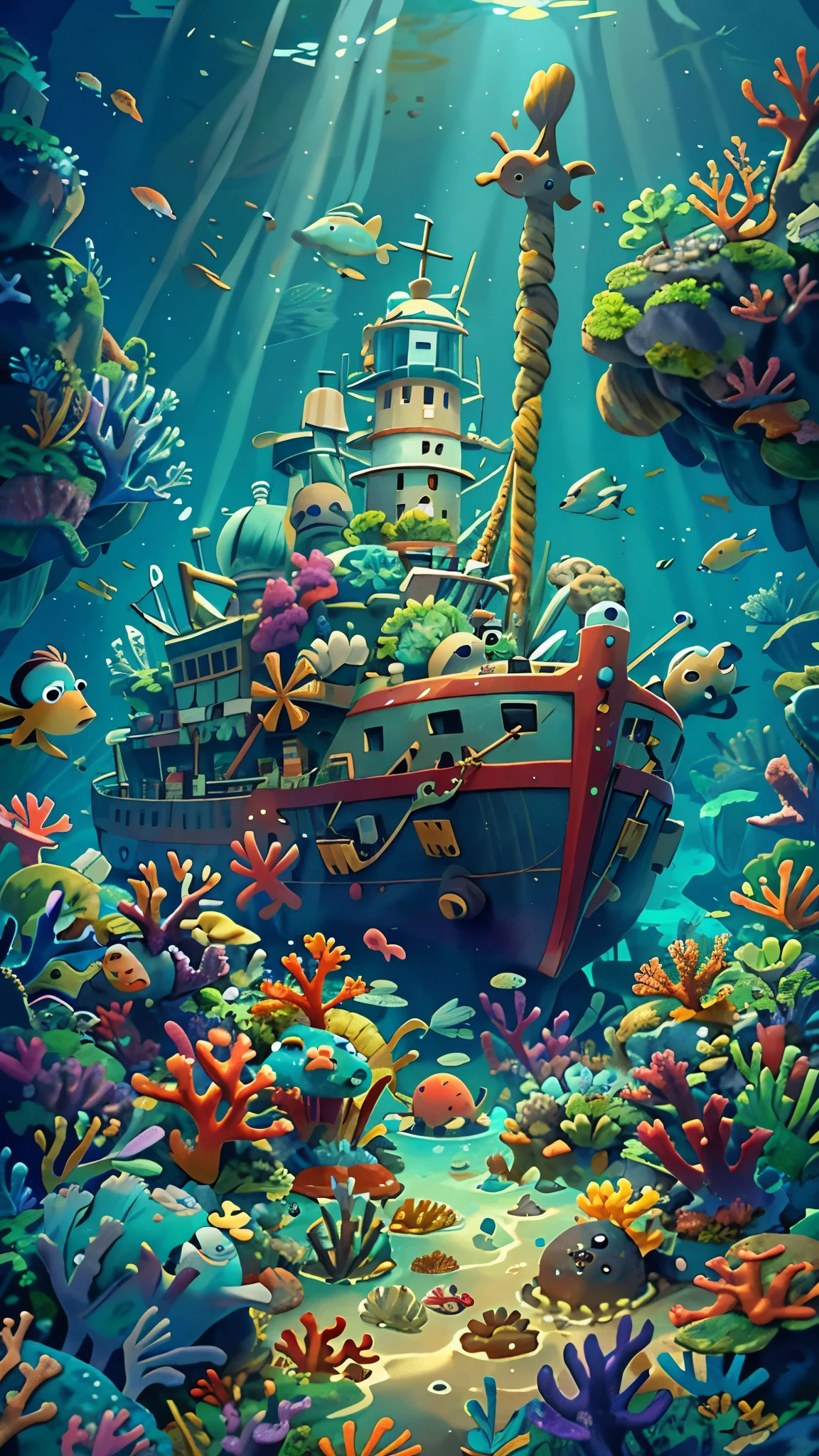 Undersea scene，dappled sunshine，Cool colors，shipwreck，coral，marine life，Pixar style, best quality, masterpiece，Ultra-detailed，Deep，Pixar, depth of field, panorama, super detail, highres，