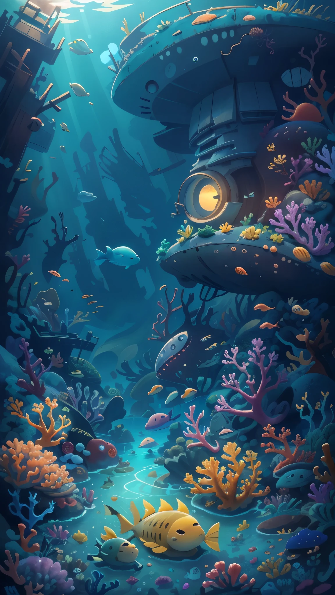 Undersea scene,dappled sunshine,Cool colors,shipwreck,coral,marine life,Pixar style, best quality, masterpiece,Ultra-detailed,Deep,Pixar, depth of field, panorama, super detail, highres,