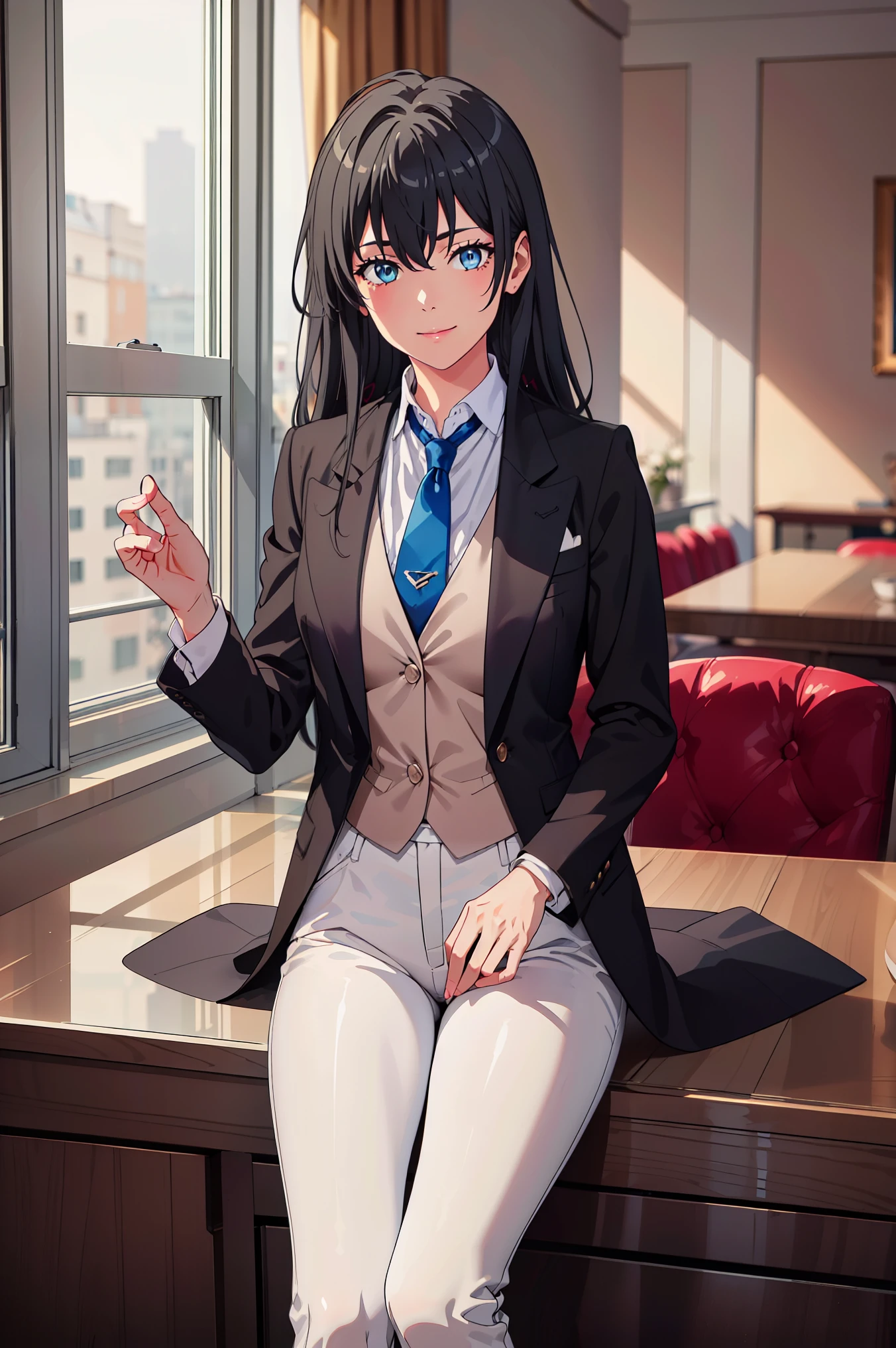 masterpiece, best quality, highres, , 1girl,((best quality)), ((masterpiece)), (detailed) 1girl 1girl, ;\), blurry, blurry_background, breasts, , hair_long looking_at_viewer, ok_sign, open_hand, Yukinoshita Yukino ,Woman wearing formal clothes, An attractive coat sitting on chair in the room , 1girl, 独奏, blue necktie, Black hair, eyes blue, long hair, smile , collared shirt, white pants, white shirt , Elegantly designed coat , Stand in front of a window ,Perfectly tailored tailcoat. It has a stunning Victorian design and is made of lustrous fabric , full body ,tailcoat butler suit, elegant pose, serene expression, flowing long hair, soft lighting, pastel color palette, detailed lace and embroidery, realistic portrait, fine brushwork, delicate facial features, captivating eyes, graceful gestures, refined atmosphere, vintage decor, polished silverware, elaborate floral arrangement, polished marble floors