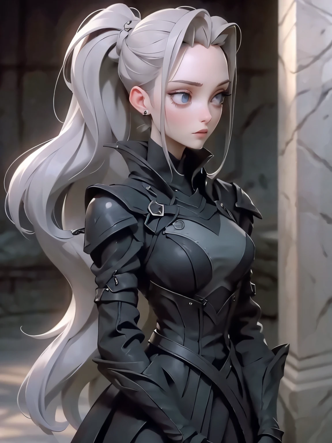 Портрет. Cassandra is a tall young woman with pale skin., gray eyes and white wavy hair with gray streaks, braided into a high ponytail with many small braids. Two strands of hair and asymmetrical bangs go down the sides of the face