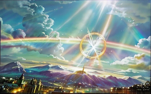 concept art magical highlight, background atmospheric effect, Still image of Rainbow Ophanim, Magnificent clouds and divine light, magic portal in the sky, Highly detailed divine rays, Lens flare. Occult photorealism, Lightning and colors like in the movies, spectacular light scene