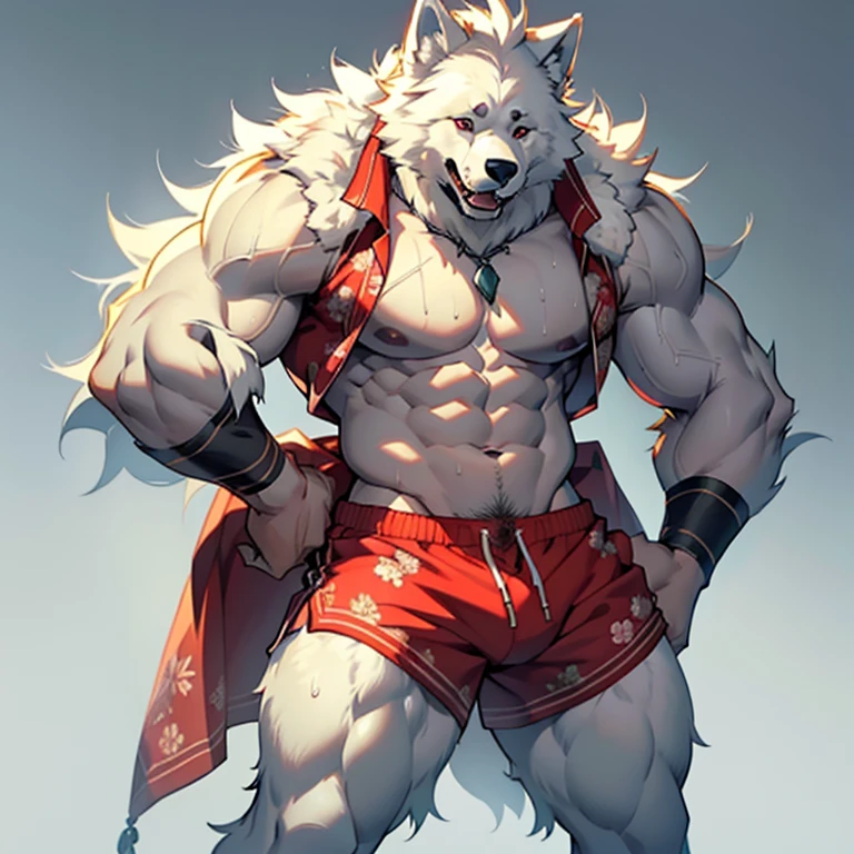(NSFW, High-quality image: 4k, 8K, best resolution, masterpiece: 1.2),
A Furry Samoyed with fluffy hair, wearing a shirt of flowers print in boxers, red.
(Angrily posing, full-body view, Furry Samoyed with intensely expressive eyes, green, glaring at the viewer),
A large, NSFW big dick, visible through the thin fabric of the boxers, bouncing slightly with each breath.
(Sweat glistening on the Furry Samoyed's body, washboard abs, muscular build, strong posture, paw resting on the thigh
