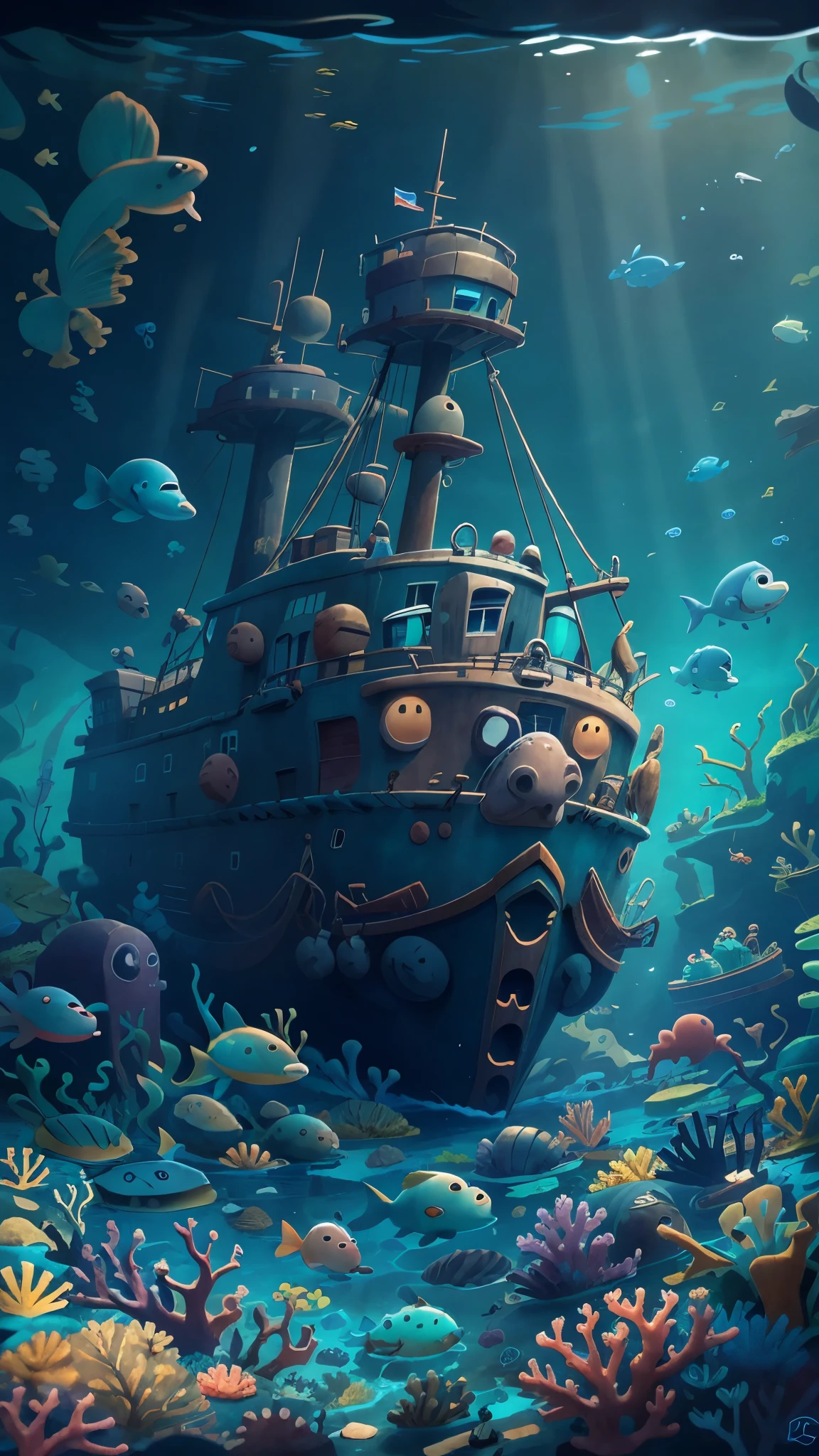 Undersea scene，dappled sunshine，Cool colors，Uniform color，shipwreck，coral，marine life，Pixar style, best quality, masterpiece，Ultra-detailed，Deep，Pixar, depth of field, panorama, super detail, highres，