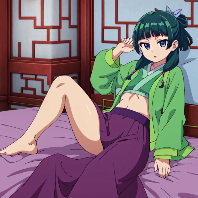 Highest quality, 8ก, very detailed, 1 girl, All in all, Chinese style kimono, green jacket, purple long skirt, blue eyes, a green hair,bare chest, tits, small breasts, legs raised,Spread your legs, sleep, Seduce,Erotica