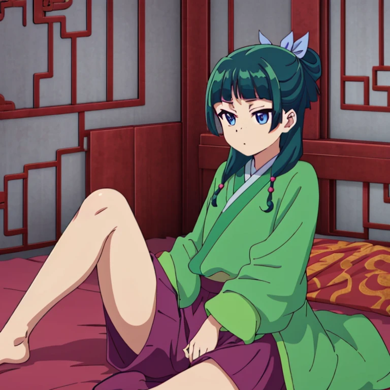 Highest quality, 8ก, very detailed, 1 girl, All in all, Chinese style kimono, green jacket, purple long skirt, blue eyes, a green hair,bare chest, tits, small breasts, legs raised,Spread your legs, sleep, Seduce,Erotica