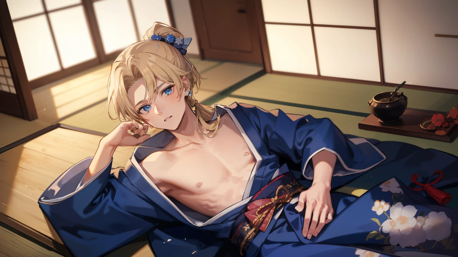 1boy,Masculinity,blond hair,ponytail,blue eyes,no bra,A Japanese-style room,late at night,alone,kimono
