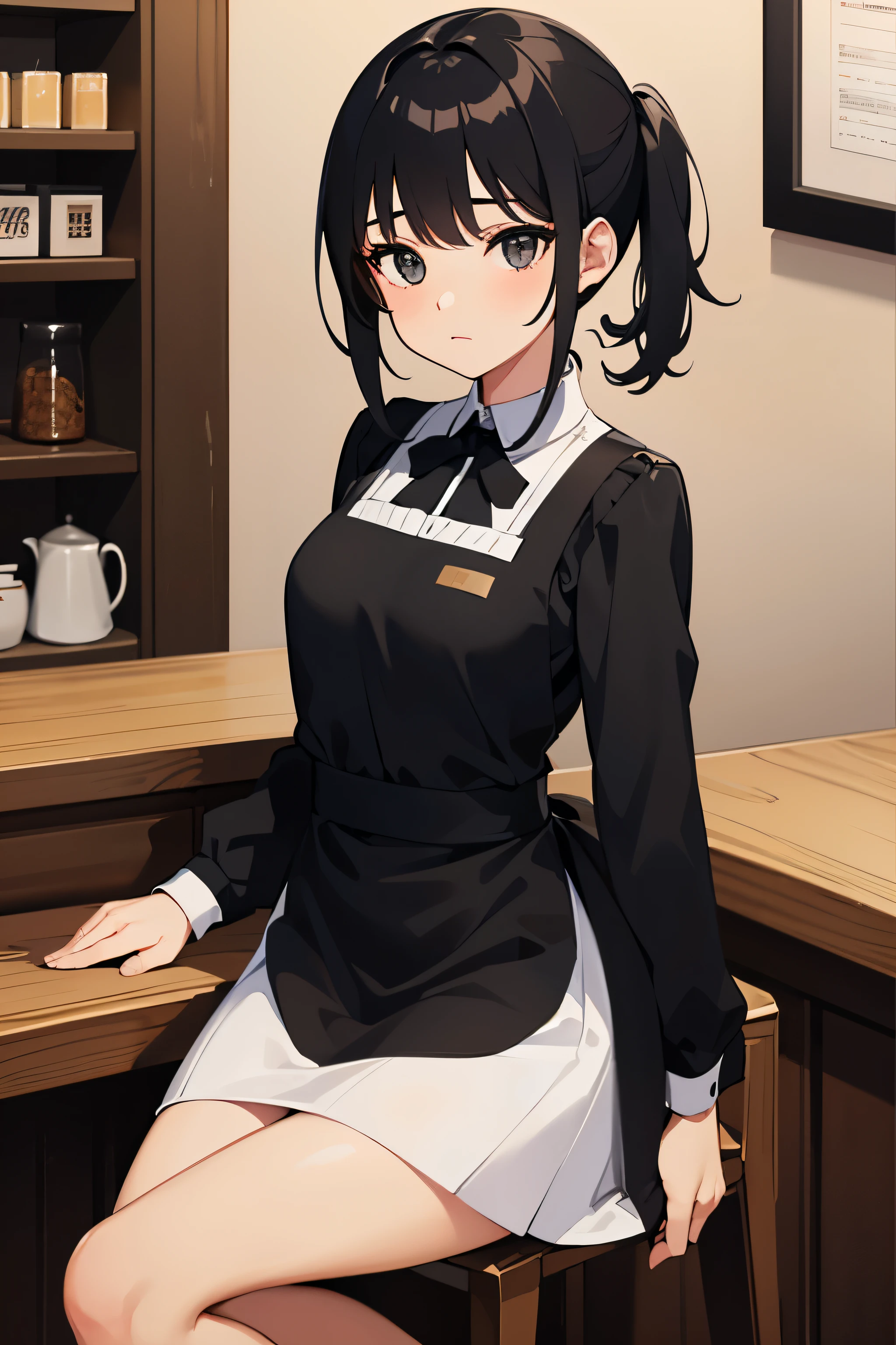 top quality,super detailed,a girl, black hair, black eyes, cafes, Waiter clothing, sit on the chair,Sit at the counter,