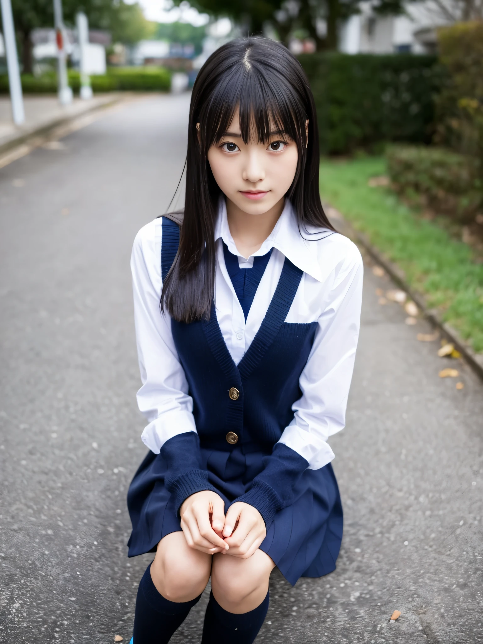 (masterpiece、High level image quality、high quality、16k),japanese girl,18-year-old,Idol,Cool beautiful face,small face,Distract your gaze, black hair,long straight hair, (from return),((looking for_return:1.05), dark blue_Schooluniform,School_room_shoes, School_rooftop,sit,stand up,model、Professional