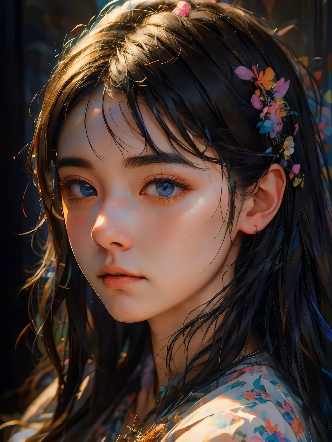 (realistic,girl in colorful flower print,intimidating appearance,epic quality,trending on artstation,highly detailed,professional,portrait,studio lighting,vivid colors,sharp focus)