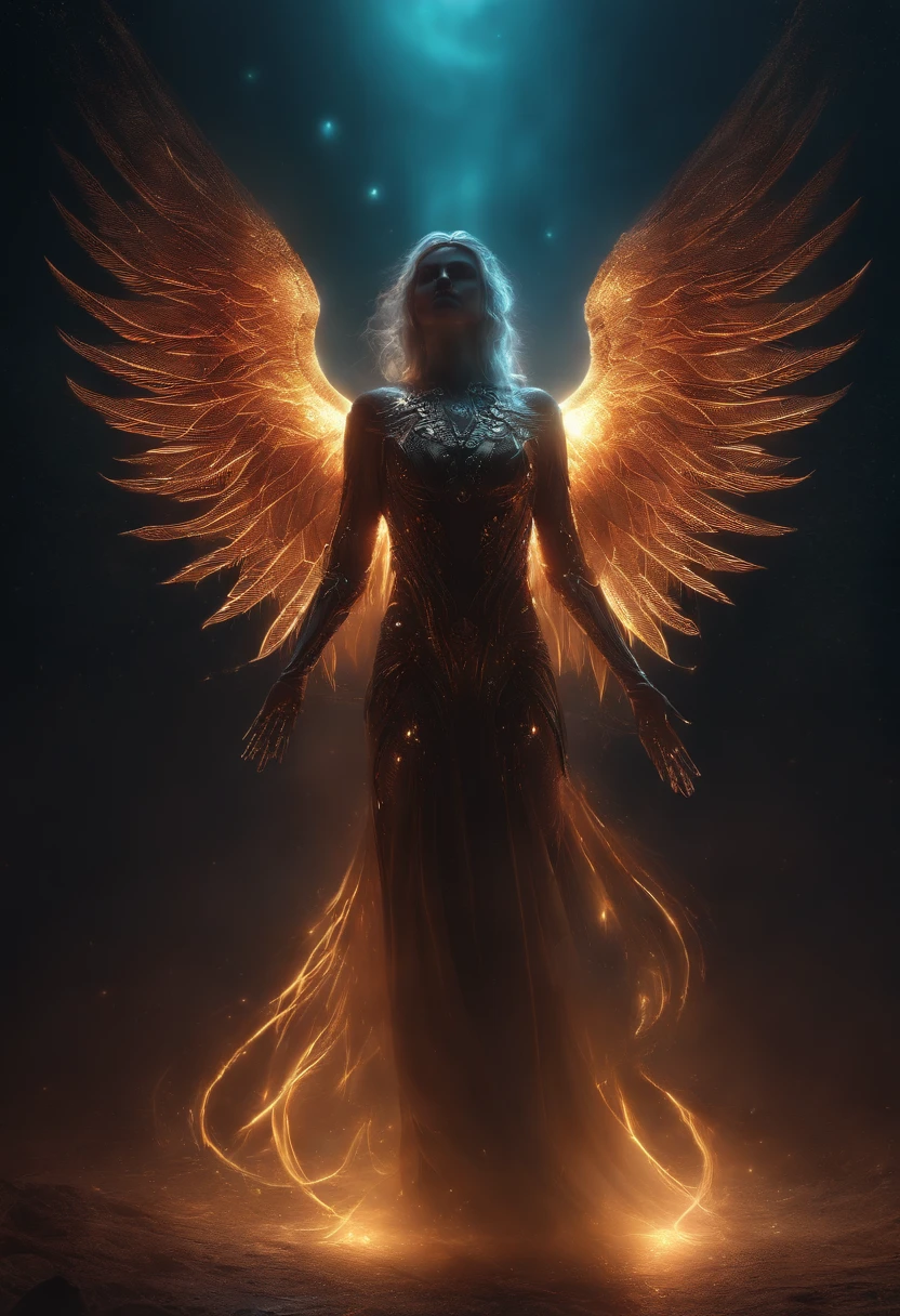 Cosmic Fallen Angel, glowing light eyes, Biomechanical, eerie, Creepy, nightmarish, Very bright colors, Light particles, with light glowing, Mshiff, wallpaper art, UHD wallpaper
