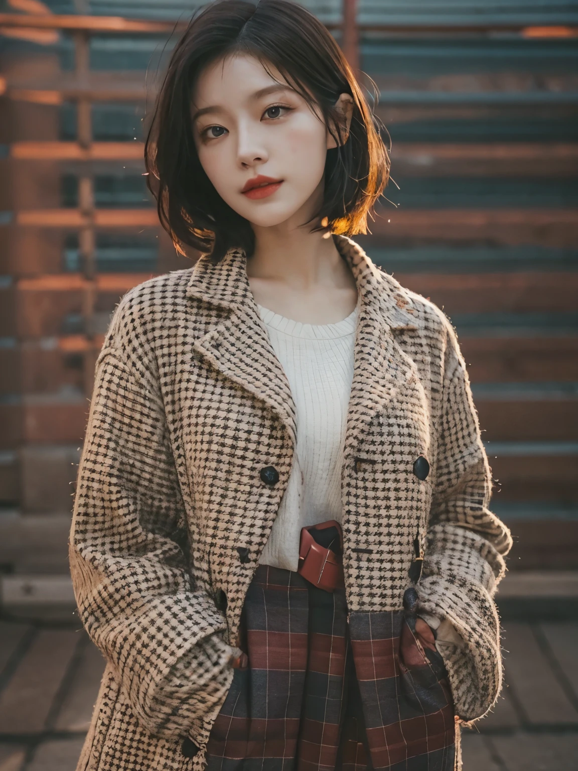 wearing red checkered long coat, Bewitching eyes, well-balanced eyes, //street snap // ((facing viewer)), //at the street, //japanese lady, pale skin, //short hair //((standing)), high quality:1.3, Professional lighting:2.0 realistic:1.2, 4k resolution, detailed skin, masterpiece:1.1, big breasts, full body,
