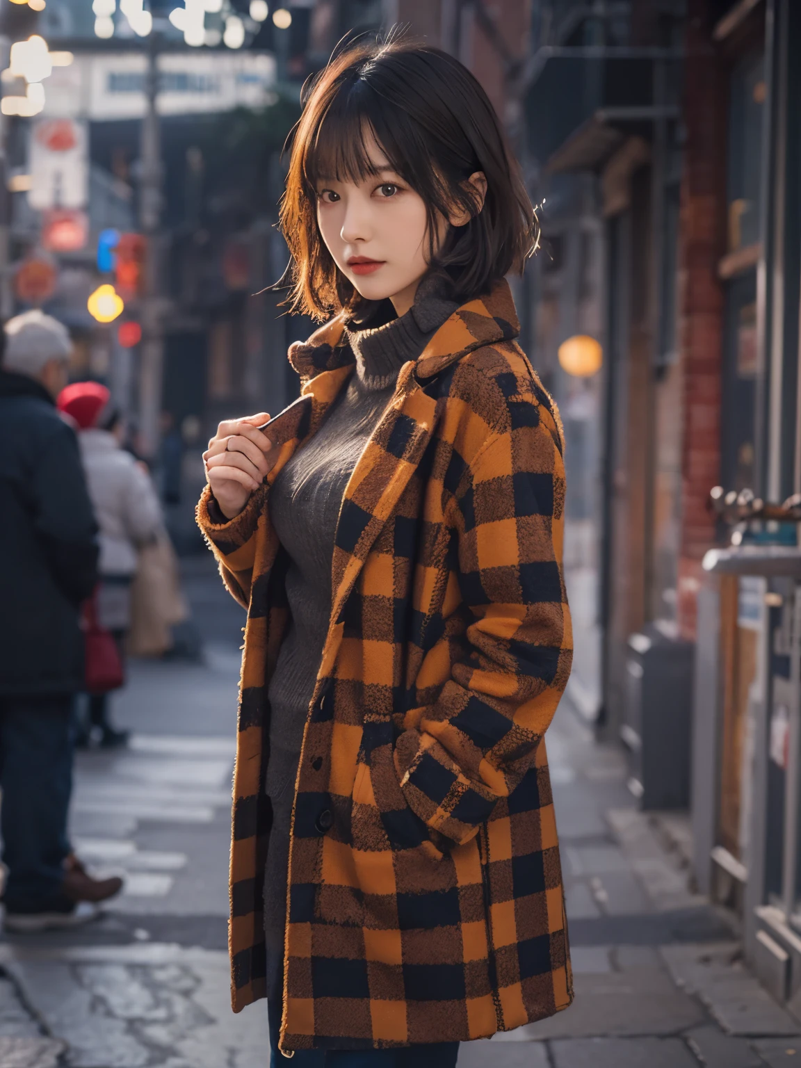 wearing red checkered long coat, Bewitching eyes, well-balanced eyes, //street snap // ((facing viewer)), //at the street, //japanese lady, pale skin, //short hair //((standing)), high quality:1.3, Professional lighting:2.0 realistic:1.2, 4k resolution, detailed skin, masterpiece:1.1, big breasts, full body,