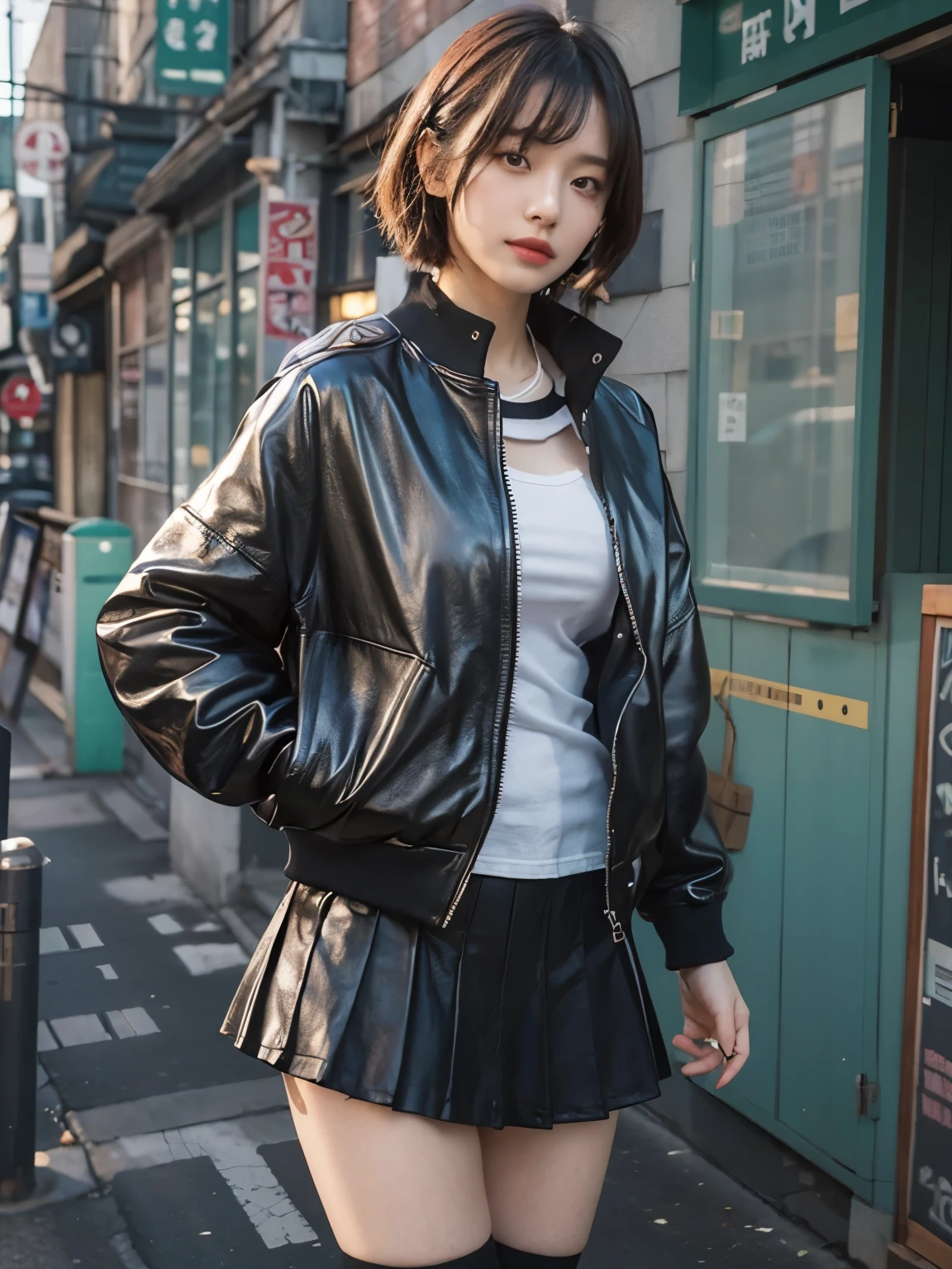 wearing leather track jacket, wearing long skirt, kawaii, Bewitching eyes, well-balanced eyes, //street snap // ((facing viewer)), //at the street, //japanese lady, pale skin, //short hair, //((standing)), high quality:1.3, Professional lighting:2.0 realistic:1.2, 4k resolution, detailed skin, masterpiece:1.1, big breasts, cleavage, fullbody,