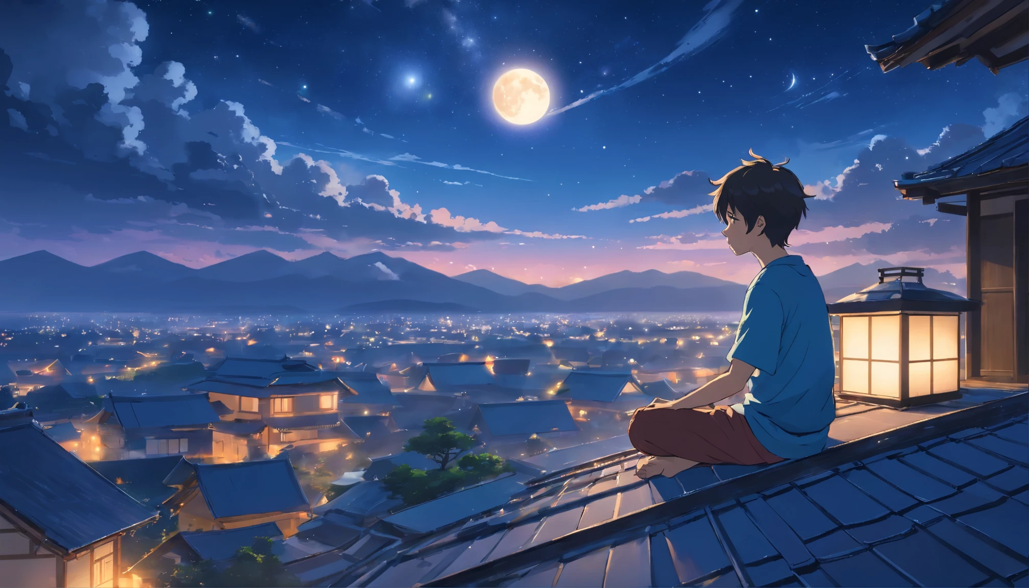 boy meditating on the roof of the house, starry sky,figure,High resolution,(highest quality:1.2),super detailed,(realistic:1.37),peaceful atmosphere,yoga poses,Spiritual Journey,quiet contemplation,Silhouette effect,Quiet night,moon light reflection,calm and calm,sit cross-legged,Own,enlightenment,deep breath,A harmonious connection with the universe,breeze,serendipity,Tranquility of the mind,harmony with nature,Thoughtful expression,Clouds illuminated by moonlight,Inner peace,Rooftop illuminated by moonlight,Calm and tranquility,Moonlit landscape,A peaceful dream-like experience,silence in solitude,peaceful inner world,fantastic atmosphere,Moonlit atmosphere,inner balance,moonlit meditation,quiet solitude,starry sky