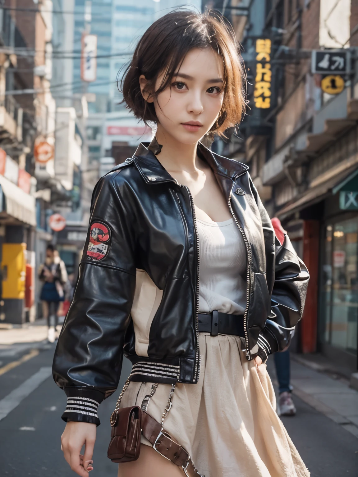 wearing leather track jacket, wearing long skirt, kawaii, Bewitching eyes, well-balanced eyes, //street snap // ((facing viewer)), //at the street, //japanese lady, pale skin, //short hair, //((standing)), high quality:1.3, Professional lighting:2.0 realistic:1.2, 4k resolution, detailed skin, masterpiece:1.1, big breasts, cleavage, fullbody,