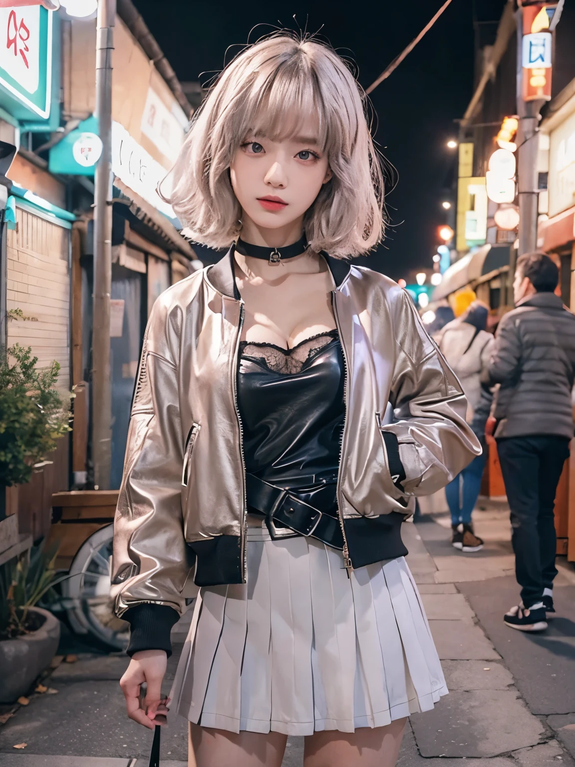 Dystopian night scene, very intricate details, Japanese woman wearing model-like armor, beautiful face, legs, cylinders that look like muscles, pose in motion, 8k, ultra high resolution, super realism, realistic photo, taken with Fuji film X-T30.+Nokton. HDR10