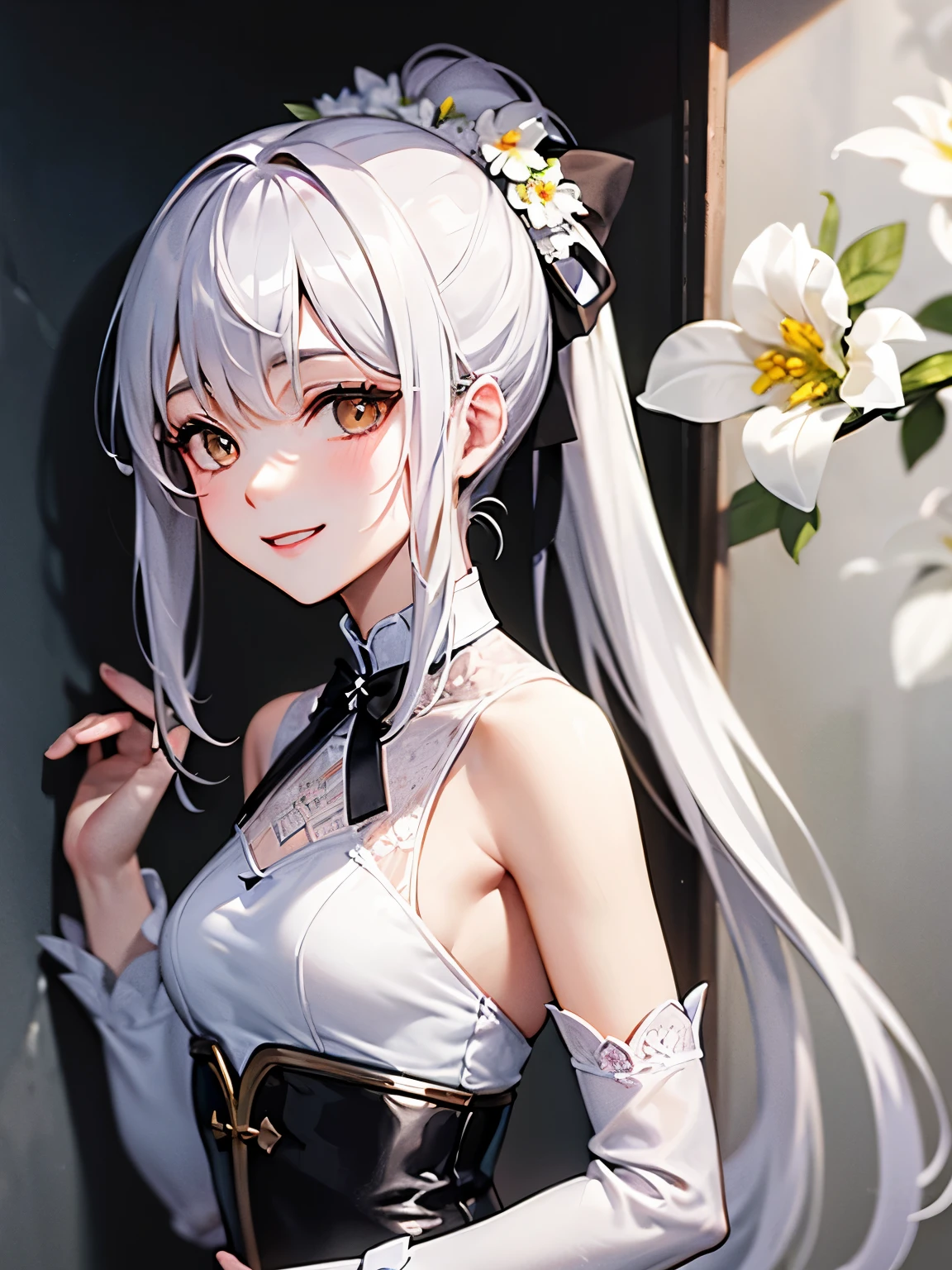 ((gray hair:1.2)),(fluffy long hair:1.3),(hair with volume:1.25),(big ribbon:1.3),(White eyes:1.4),(Eye size:1.5),(ponytail:1.3),((Knight:1.5)),(A background full of pure white flowers:1.5),((small breasts:1.2)),(color all White:1.3),((close up of face:1.3)),(focus on face:1.2),((all white palace:1.5)),((flowers all over the wall:1.5)),(The background is out of focus:1.4),((standing with a gentle smile:1.3))