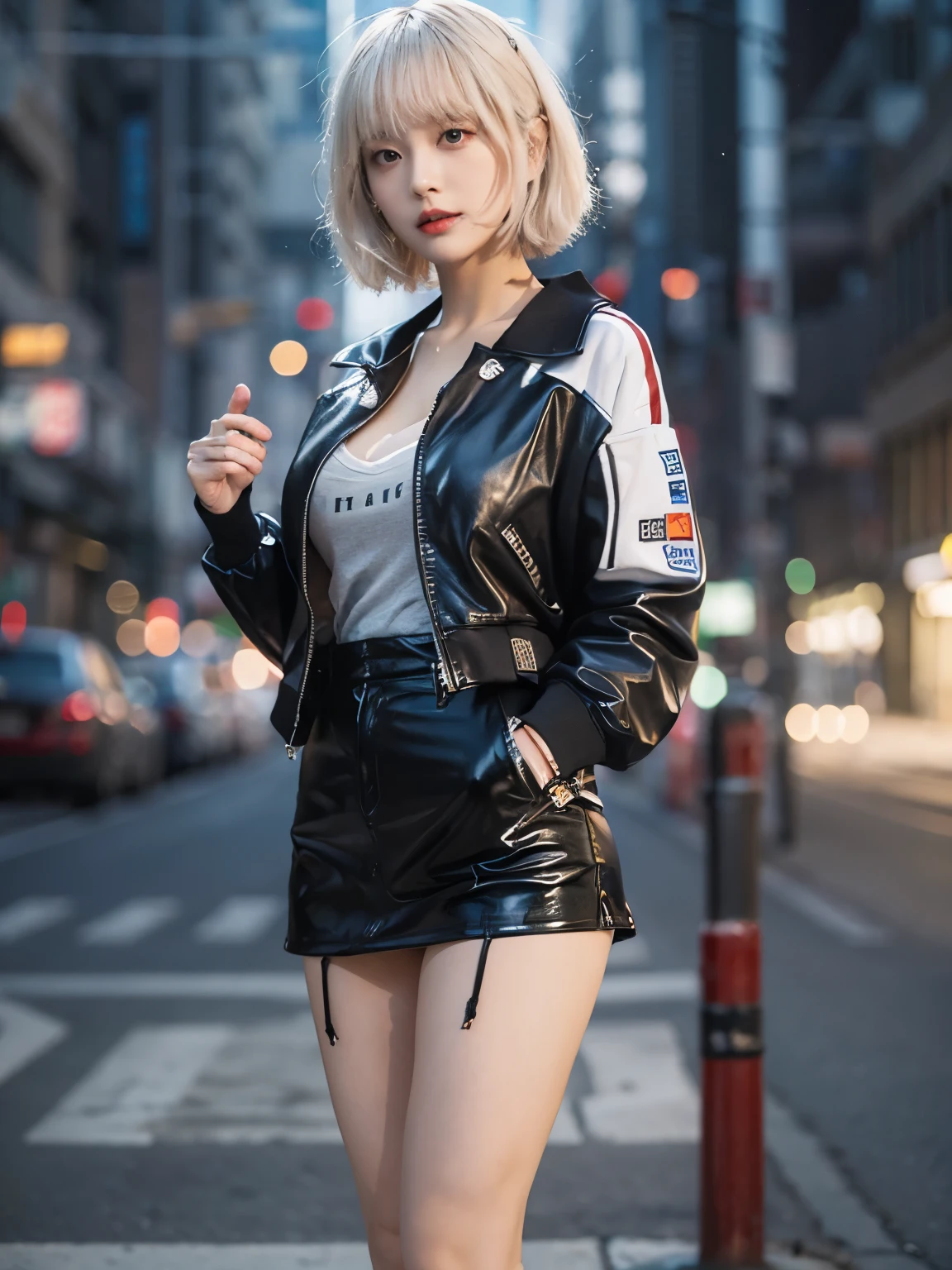 ((best quality)), ((Masterpiece)), (details:1.4), 3d, Image of a beautiful cyberpunk woman., HDR (high dynamic range), mature woman, เหมือนจริง, Curtain Bangss, White hair, White eyes, PBR surface, After processing, Anisotropic filtration,depth of field, Maximum clarity and clarity, multi-layered surface, perfect proportions, 8K raw files, cyberpunk, at night, ผมหลายชั้น,  red short skirt, natural lighting, soft lighting, sunlight, หน้าอกใหญ่, military uniform, jacket,
